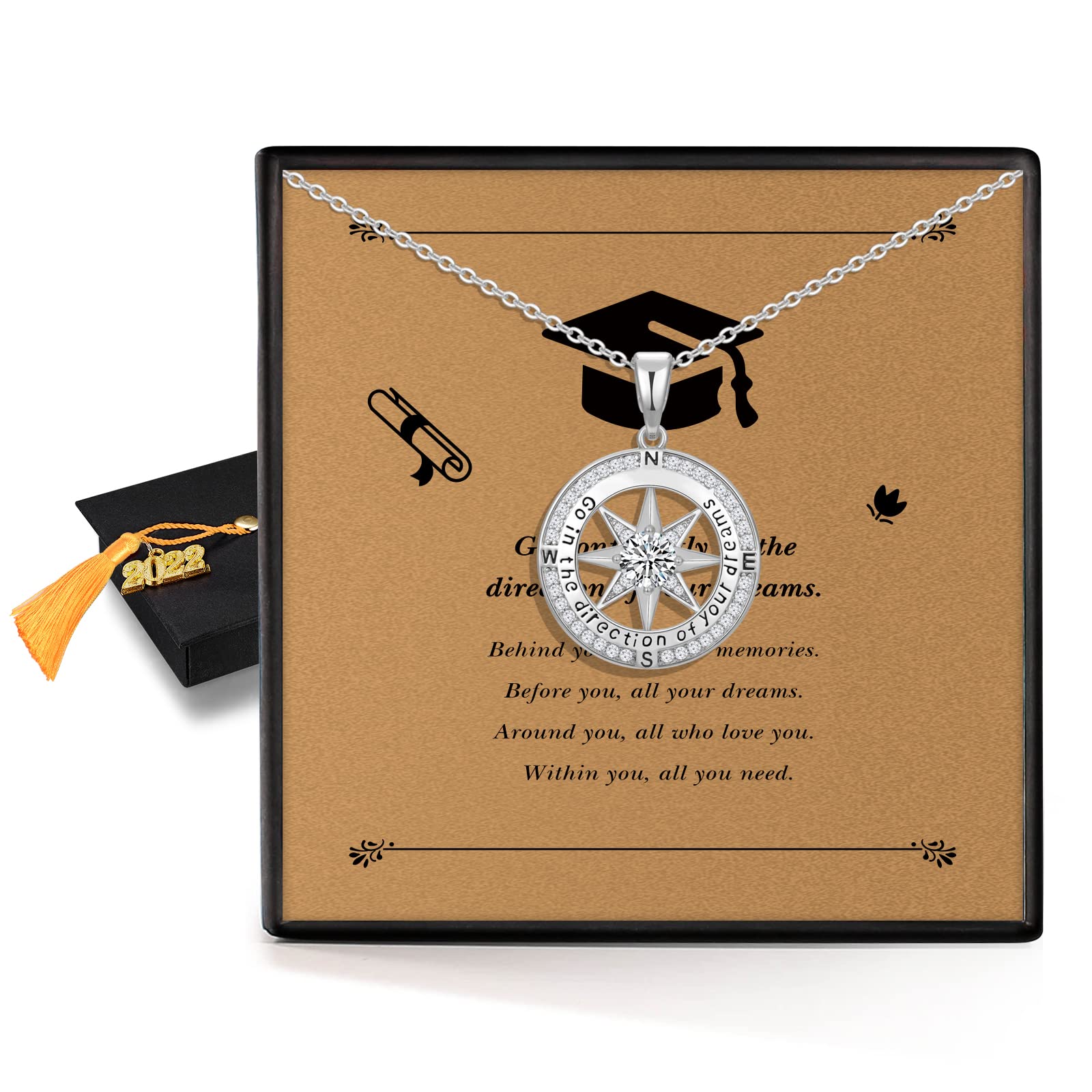 2024 Graduation Gifts for Women - Inspirational Compass Necklace Jewelry for High School & College Graduates | 18K Gold Filled 925 Sterling Silver Pendant with Gift Box | Perfect Graduation Gift for Friends, Daughters, Sisters | Ideal for Commencement Ceremonies & Celebrations
