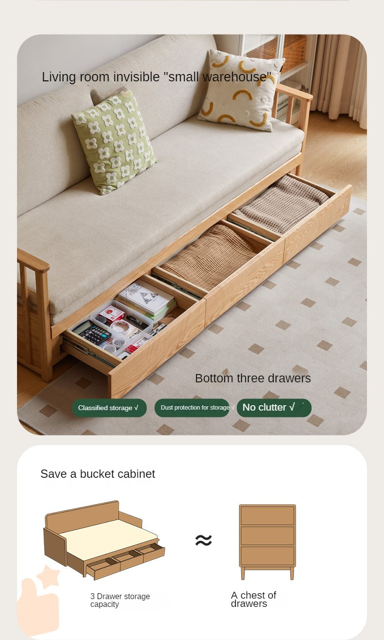 Solid Oak Wood Storage Sofa Bed - Convertible Sitting & Sleeping Furniture for Small Spaces, Living Room, Guest Room & Apartments