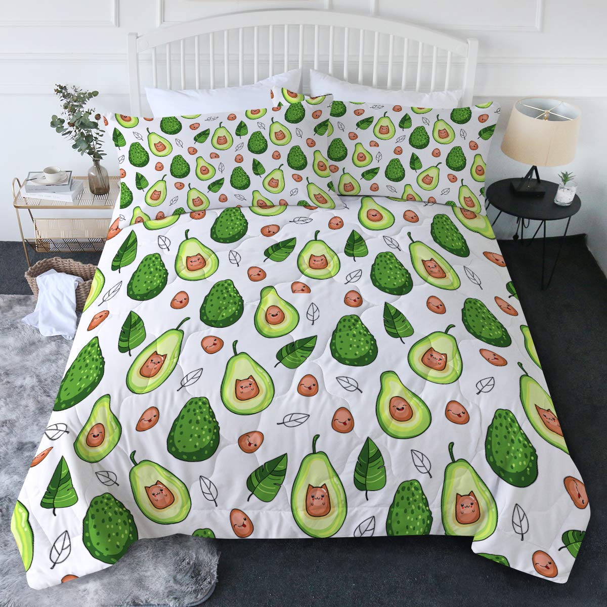 BlessLiving Cute Kawaii Avocado Comforter Set 3-Piece - Soft Green Fruit Pattern Bedding for King Size Bed with 2 Pillow Shams | Trendy Bedroom Decor for Teens & Adults, Perfect for Cozy Sleep & Instagram-Worthy Room Aesthetic