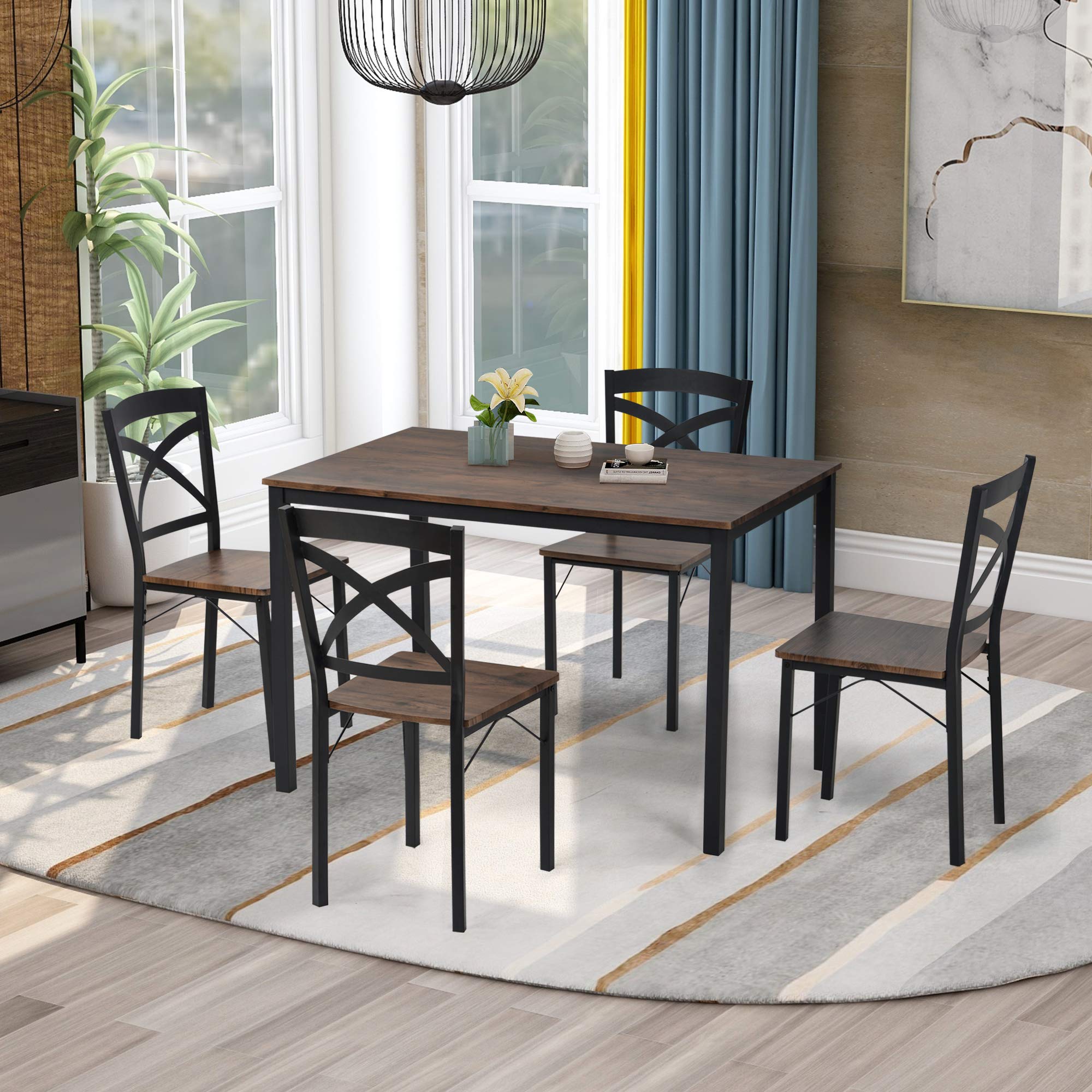 Goujxcy 5-Piece Industrial Dining Table Set - Solid Wood Table with Metal Frame & 4 Matching Chairs - Rustic Kitchen Dining Set for 4 People - Perfect for Small Spaces, Apartments & Farmhouse Style Homes