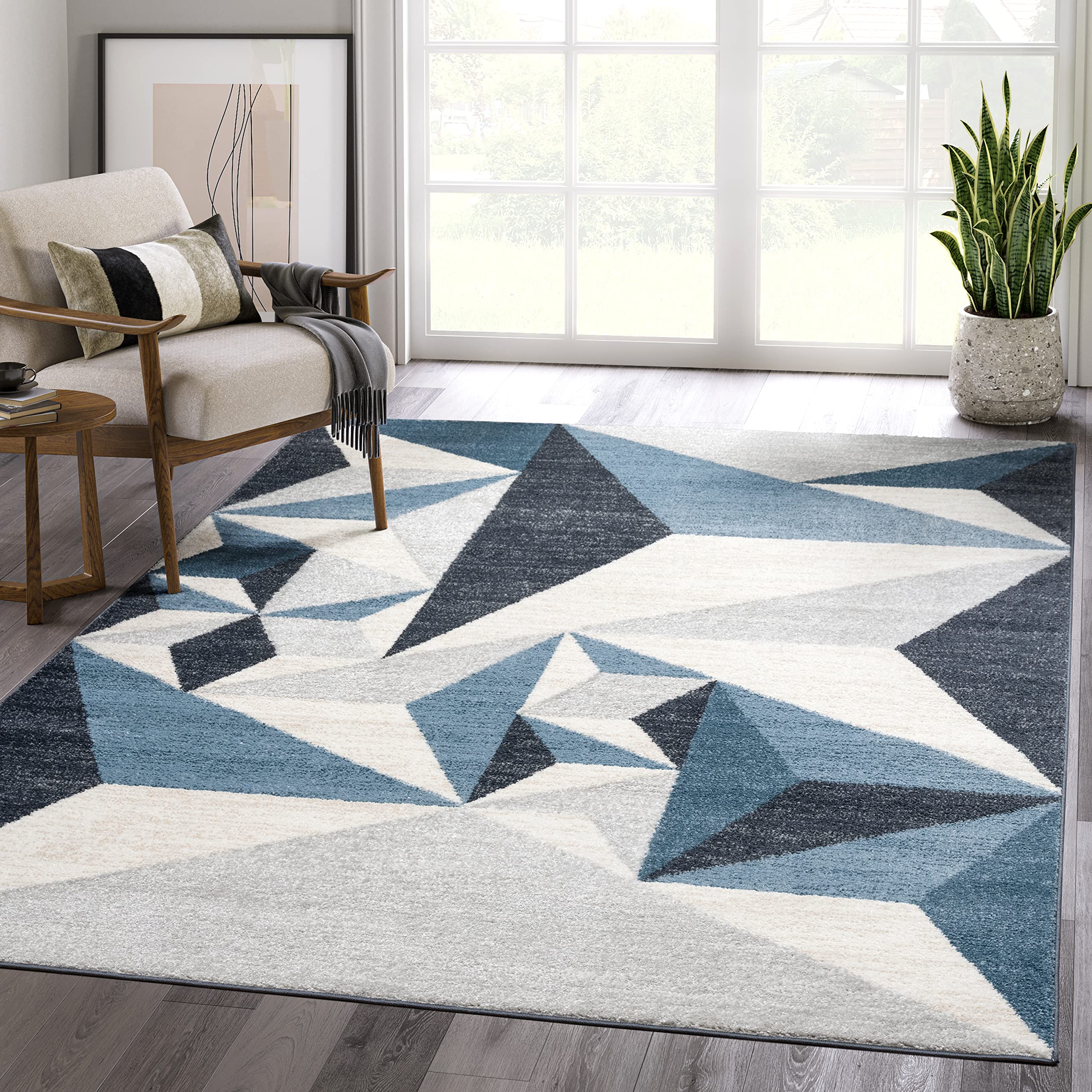 Abani 6x9 ft Gray and Blue Geometric Triangle Contemporary Area Rug - Stain Resistant Turkish Design for Living Room, Bedroom & Office Decor