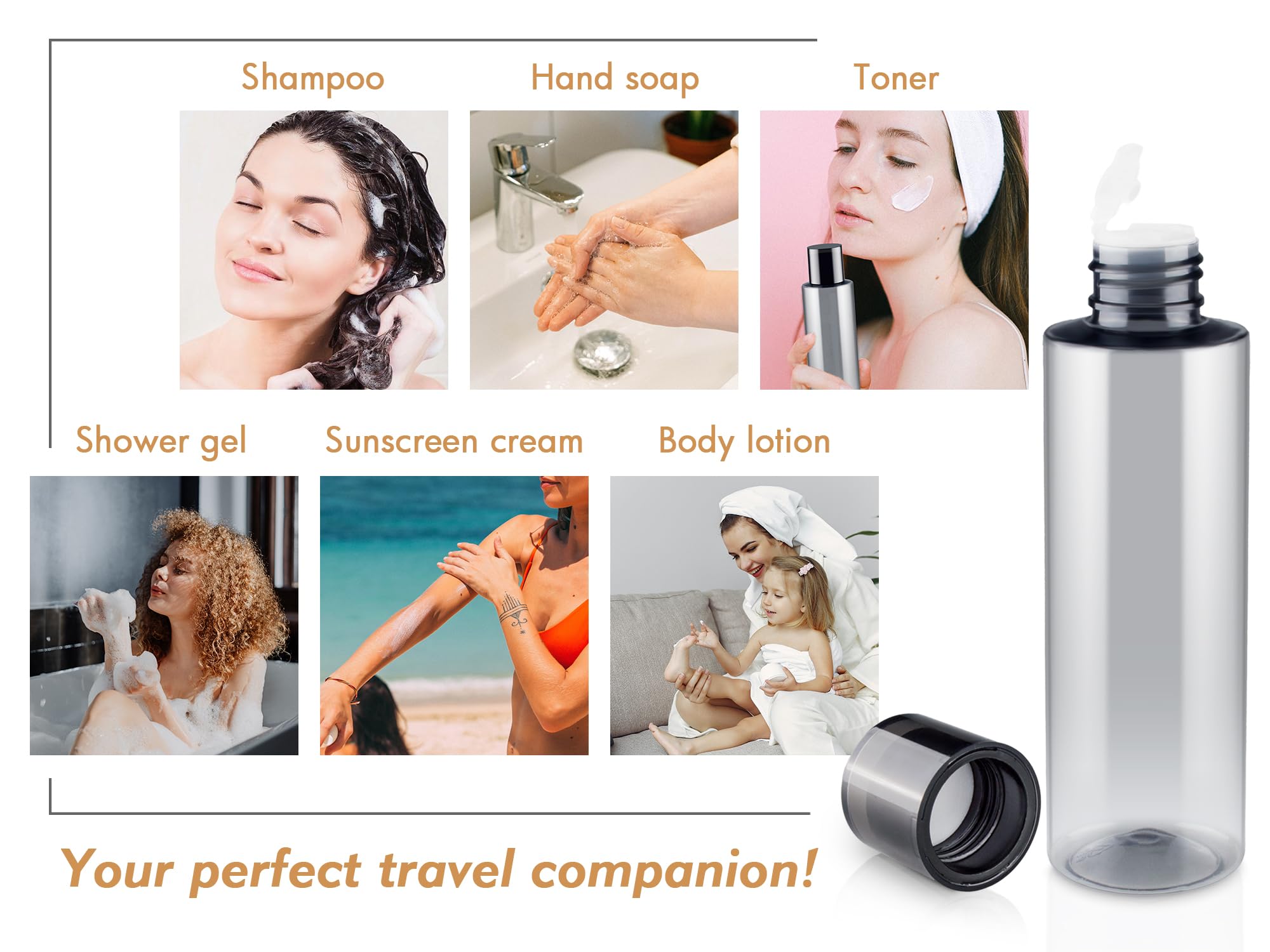 ZEJIA 150ML/5OZ Travel Size Toiletries Bottles (3 Pack) - Leak Proof Refillable Plastic Containers for Shampoo, Lotion & Body Wash - Includes 6 Labels - Perfect for Airplane Carry-On, Gym Bag & Vacation Essentials
