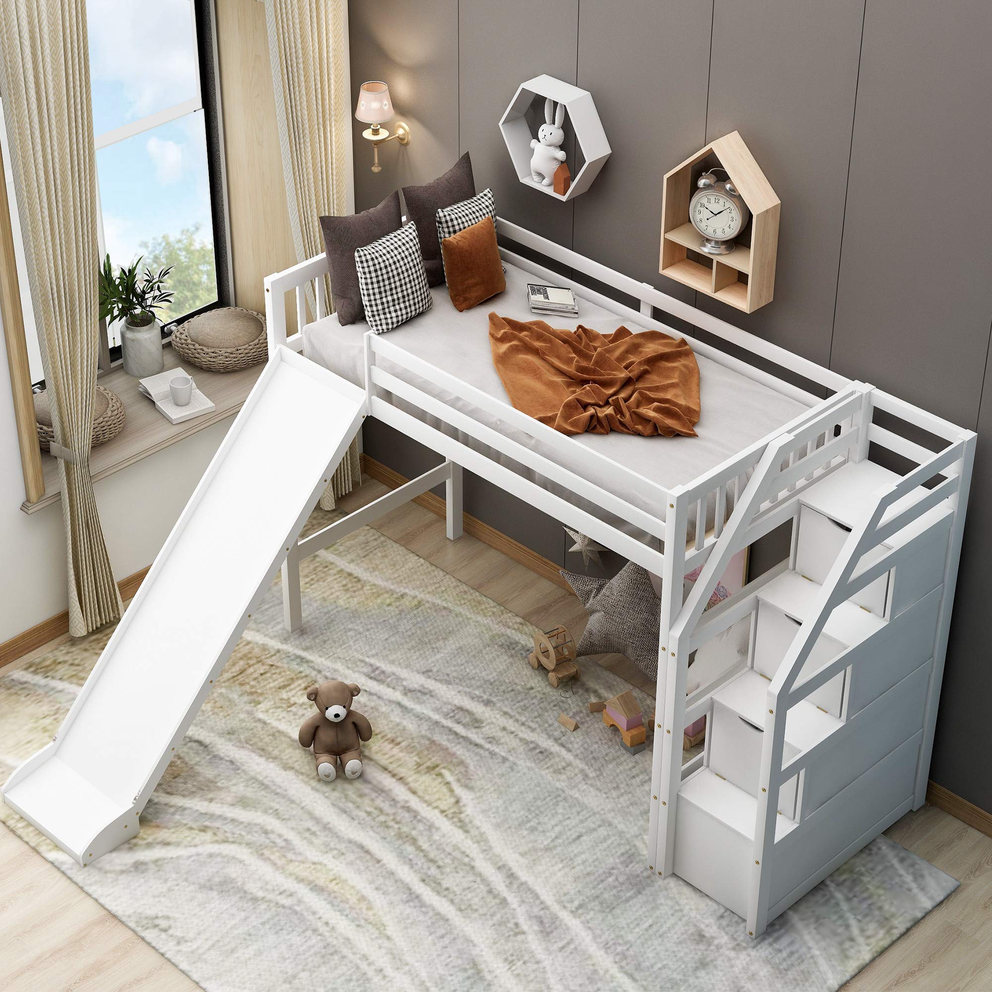 **White Loft Bed with Slide & Wooden Stairway - Twin Bed Frame with 3 Storage Drawers & Full-Length Guardrails for Kids, Teens, Boys & Girls - Perfect for Bedroom, Guest Room & Small Spaces - No Box Spring Needed**    *(Use Case: Ideal for kids' bedrooms, teen rooms, guest rooms, or small apartments to maximize space with fun and functional storage solutions.)*