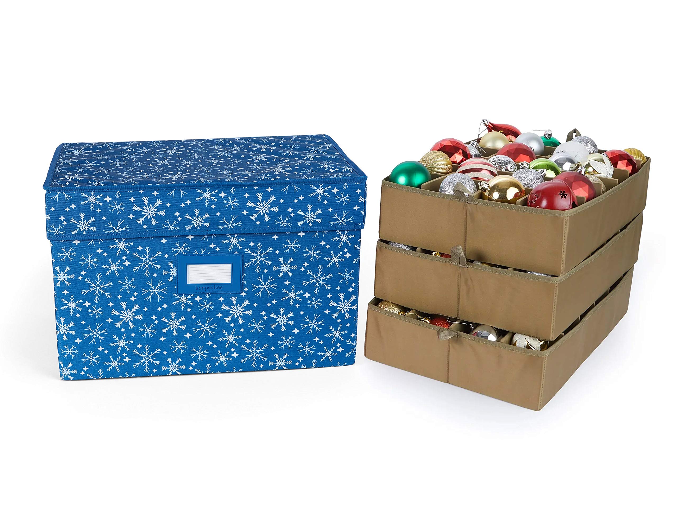 Covermates Keepsakes Adjustable Ornament Storage Box with Carrying Handles & Padded Protection - Holiday Decoration Organizer for Christmas Tree Ornaments (Blue Snowflake Design) - Perfect for Seasonal Storage & Home Organization