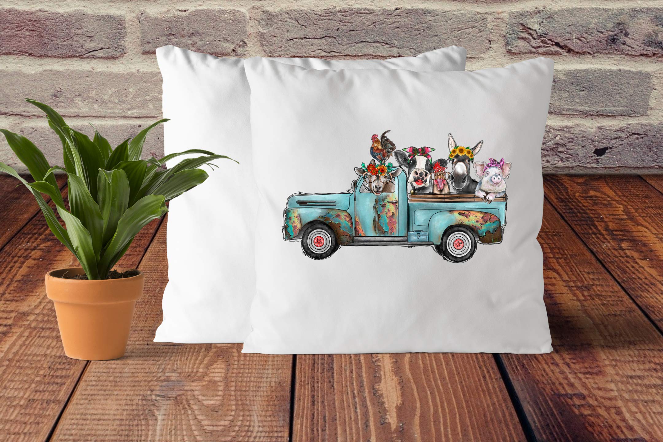 Farm Animals Teal Truck Sublimation Transfer - Ready to Press Heat Transfer Vinyl - Pig, Chicken, Cow, Goat, Donkey Design - Cute Animals with Headbands - DIY T-Shirt, Tote Bag, Mug Decoration for Kids & Adults