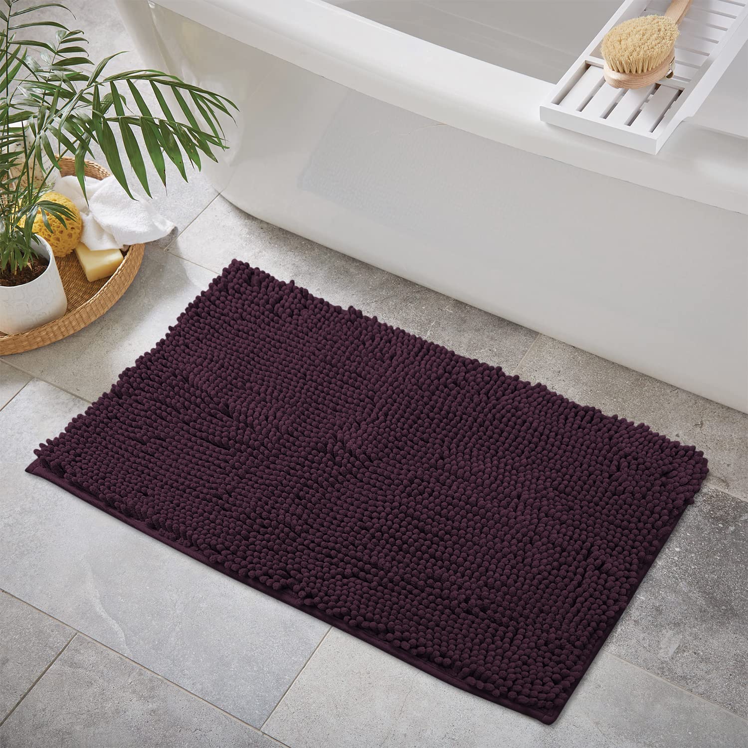 Ultra Soft Chenille Plush Bath Rugs - Non Slip Microfiber Floor Mats for Bathroom, Kitchen, Entryway & Living Room (30x20 Inches, Plum) - Absorbent & Cozy Home Decor for Wet Areas