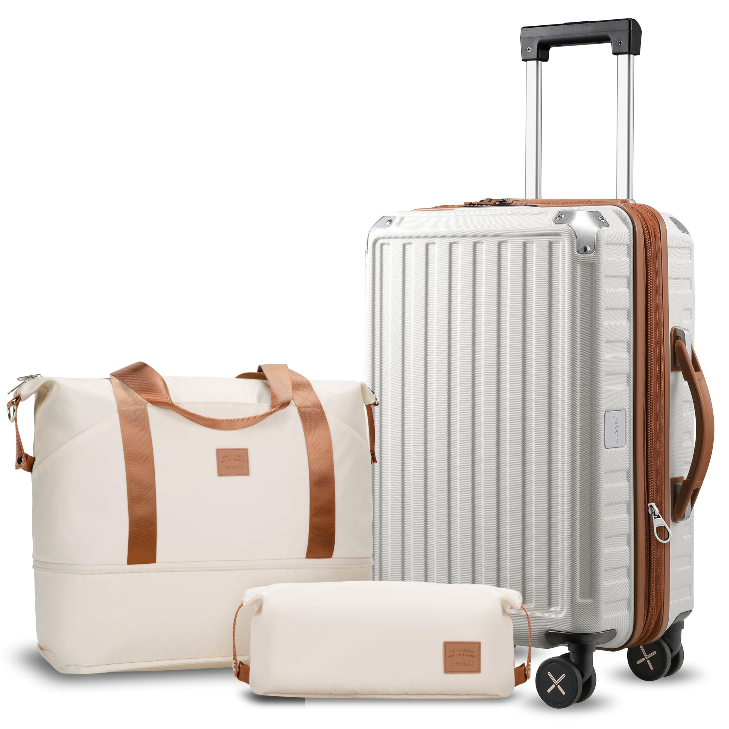 LUGGEX 3-Piece Expandable Hardshell Carry On Luggage Set with 360° Spinner Wheels - Lightweight PC Suitcase for Travel, Business Trips & Vacations (White/Brown)
