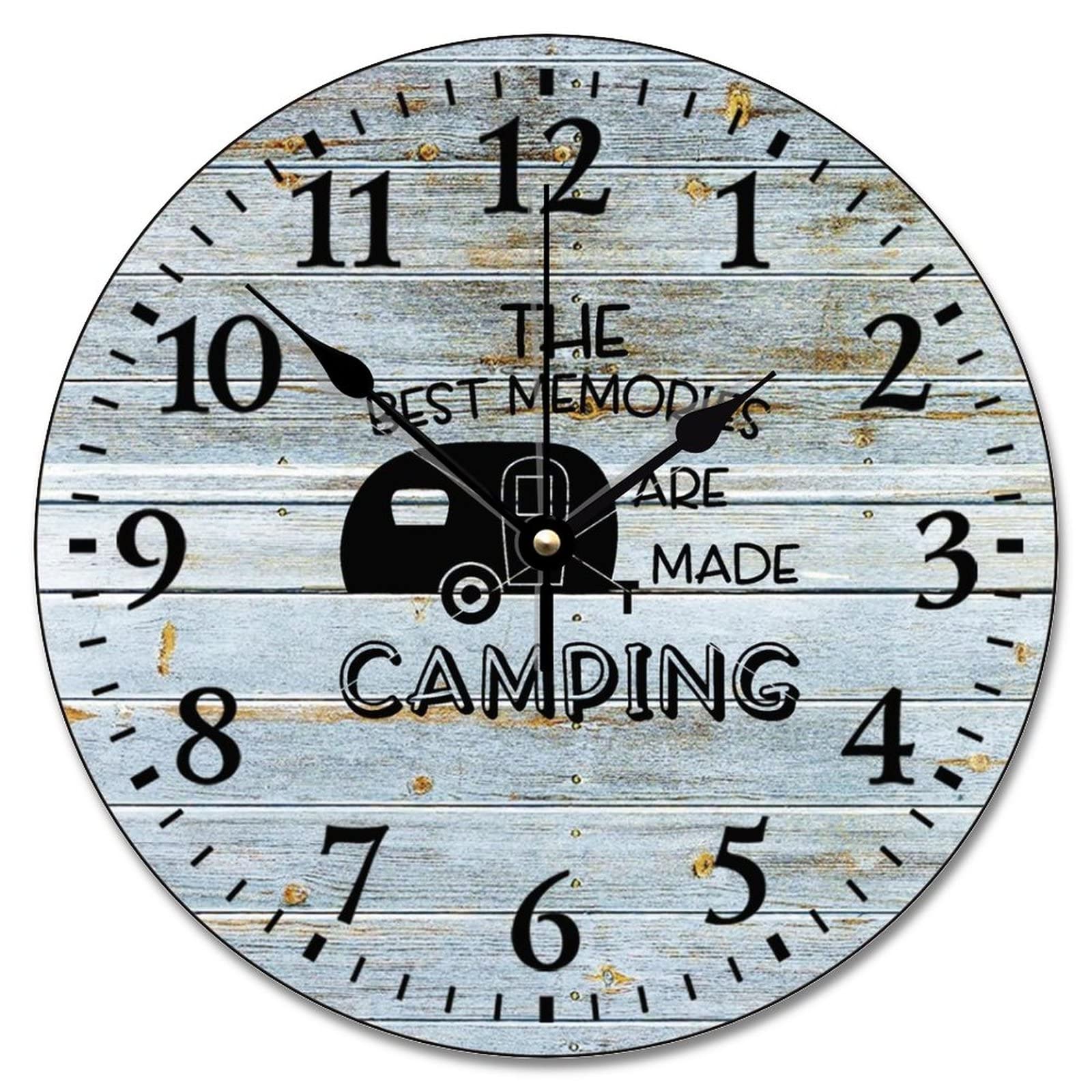 Happy Camper Wall Clock - 10 Inch Modern Vintage Farmhouse Wood Wall Clock - Silent Non-Ticking Battery Operated - Large Decorative Clock for Living Room, Kitchen, Bedroom - Perfect for Farmhouse, Rustic & Boho Home Decor