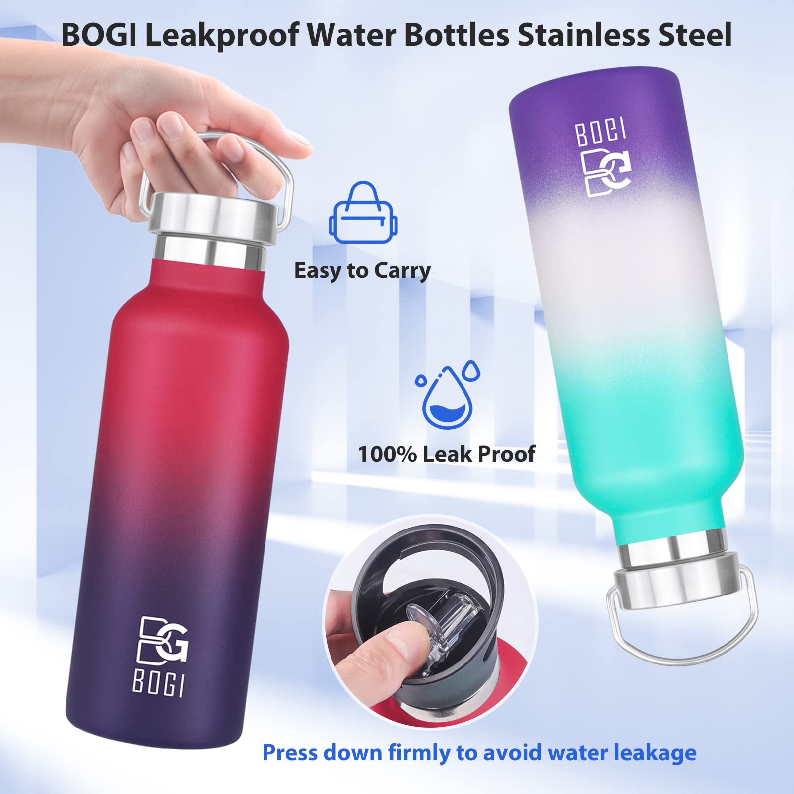 BOGI 20oz Insulated Stainless Steel Water Bottle 2-Pack - Leakproof Wide Mouth Metal Bottles with Straw & Handle, BPA Free - Perfect for School, Gym, Hiking & Outdoor Activities