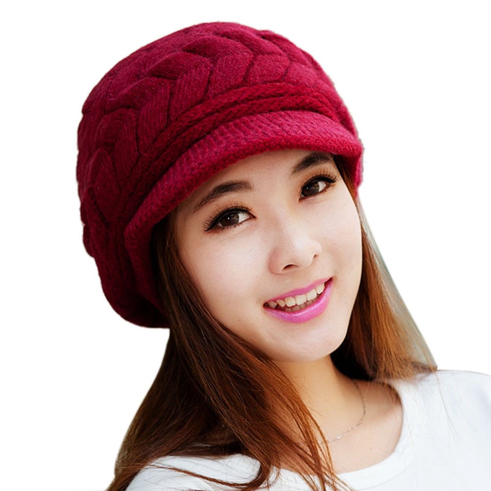 Women's Winter Warm Knitted Slouchy Beanie Hat with Visor & Rabbit Fur Brim - Soft Wool Cap for Cold Weather - Perfect for Skiing, Snowboarding & Outdoor Activities