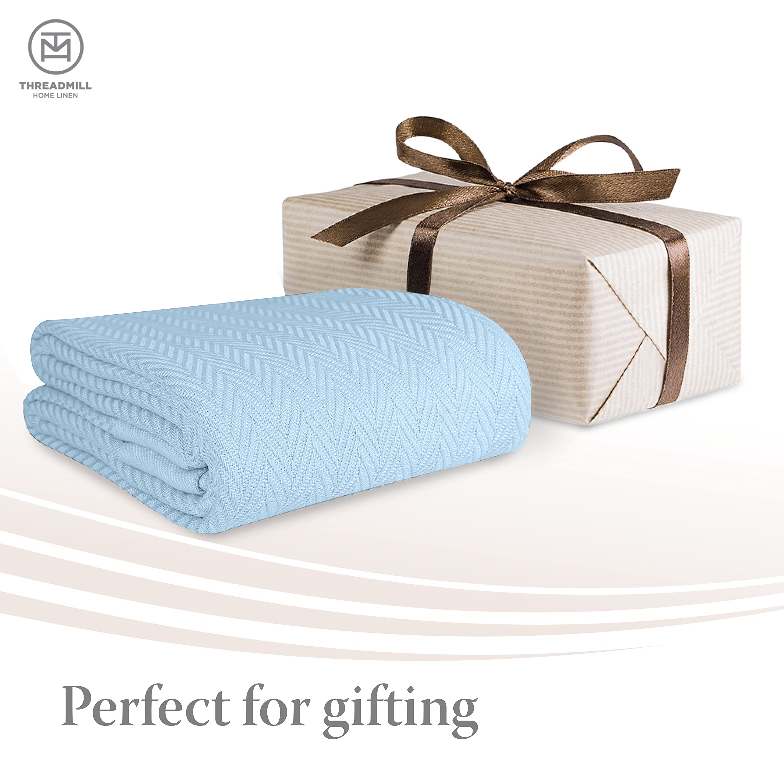 Premium 100% Cotton Twin Size Blanket - All-Season Soft & Cozy Herringbone Thermal Blanket (68x92 inches, 350GSM) | Light Blue Luxury Bed Blanket for Home, Dorm, Guest Room & Cozy Fall Nights