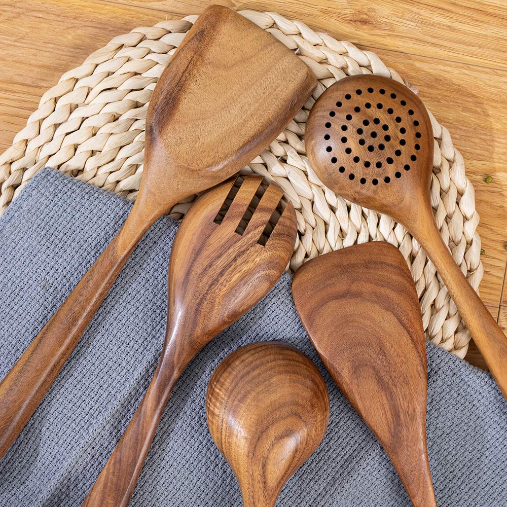 Premium Teak Wooden Utensils Set for Cooking - 5-Piece Nonstick Kitchen Tools with Spatula, Spoon & More - Ideal for Sauteing, Stirring & Serving in Eco-Friendly Kitchens