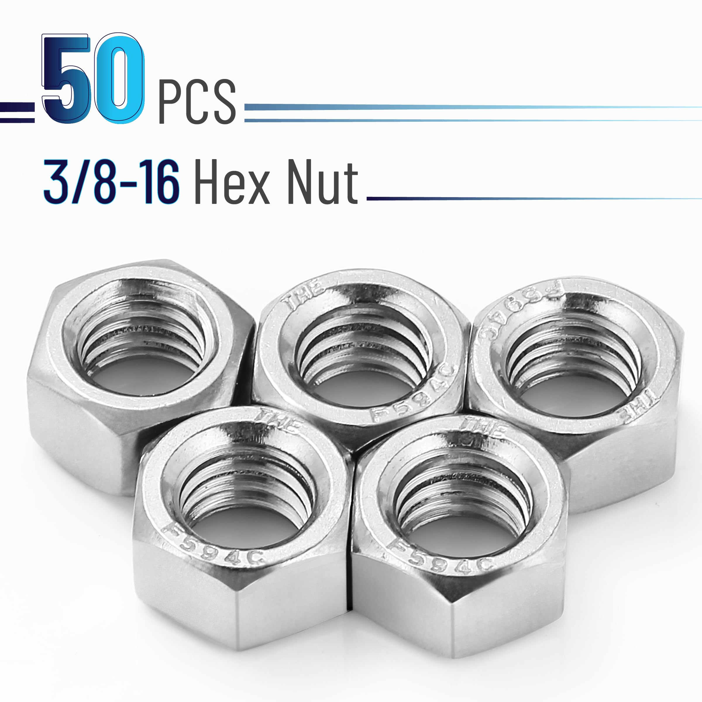 Bates 3/8-16 Stainless Steel Hex Nuts (50 Pack) - Corrosion Resistant Hardware for Construction, Machinery & DIY Projects