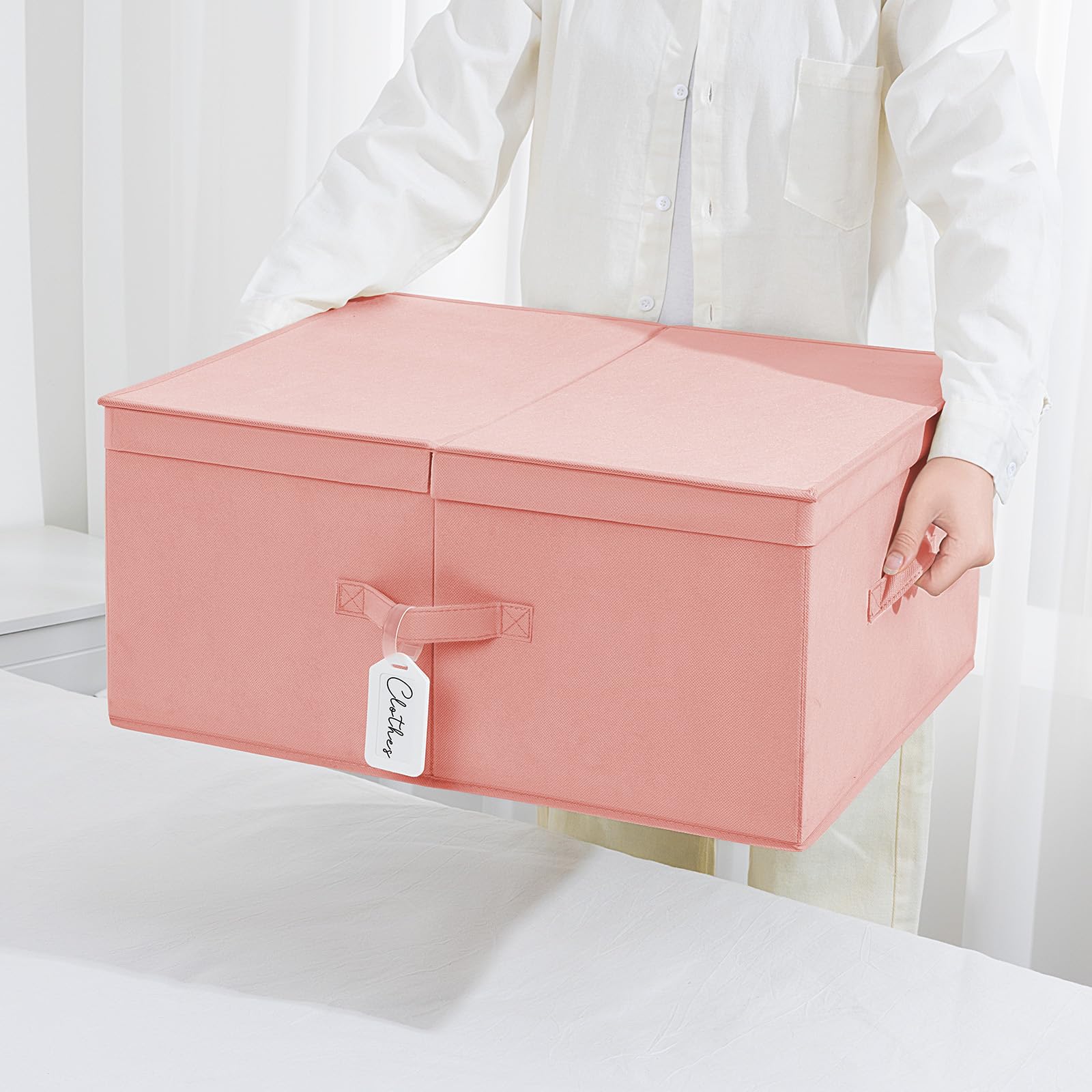 DIMJ 57 Quart Foldable Storage Bins with Lids - Closet Organizers for Bedroom, Office & Nursery | Space-Saving Storage Boxes for Clothes, Blankets & Toys | Stackable Shelving Bins in Pink (Great for Home Organization & Small Space Storage)