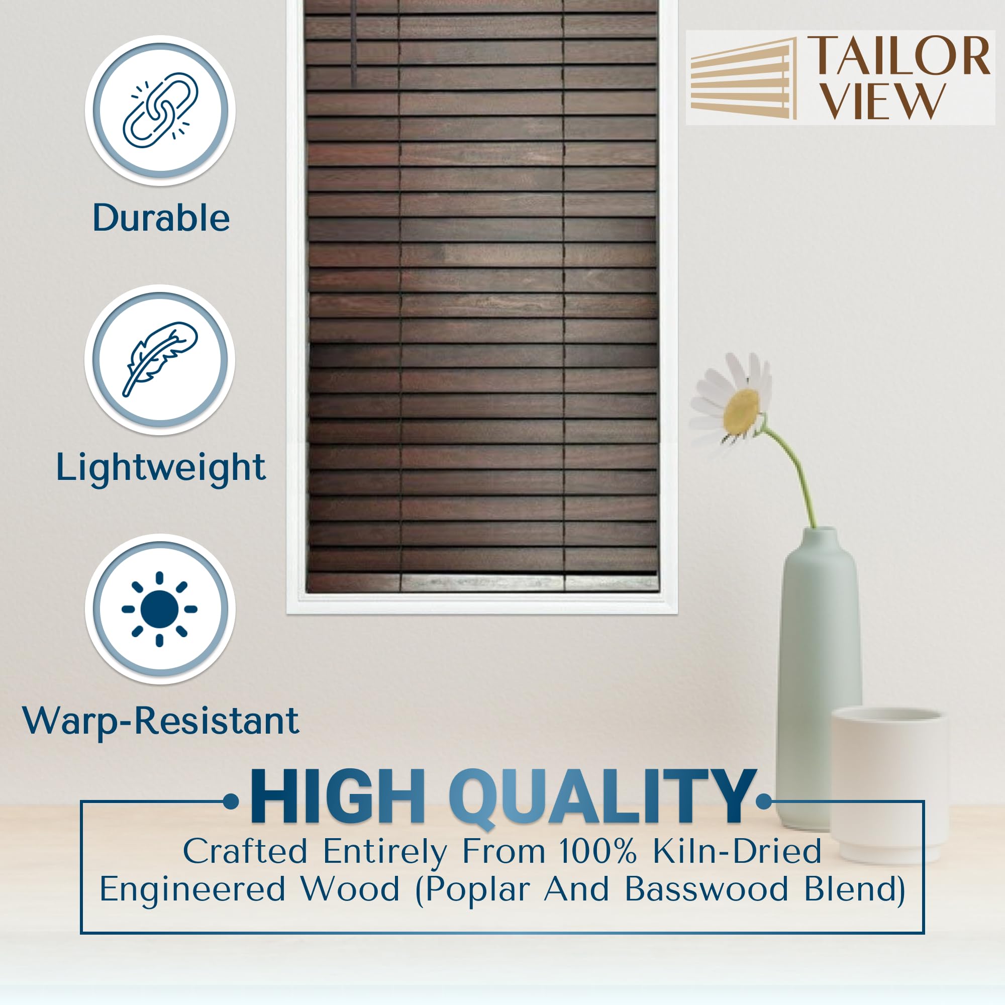 Customizable Wood Horizontal Cordless Window Blinds - 2 Inch Slats in Walnut (Medium-Dark Brown) - Inside or Outside Mount - Perfect for Living Room, Bedroom & Home Office Privacy & Light Control