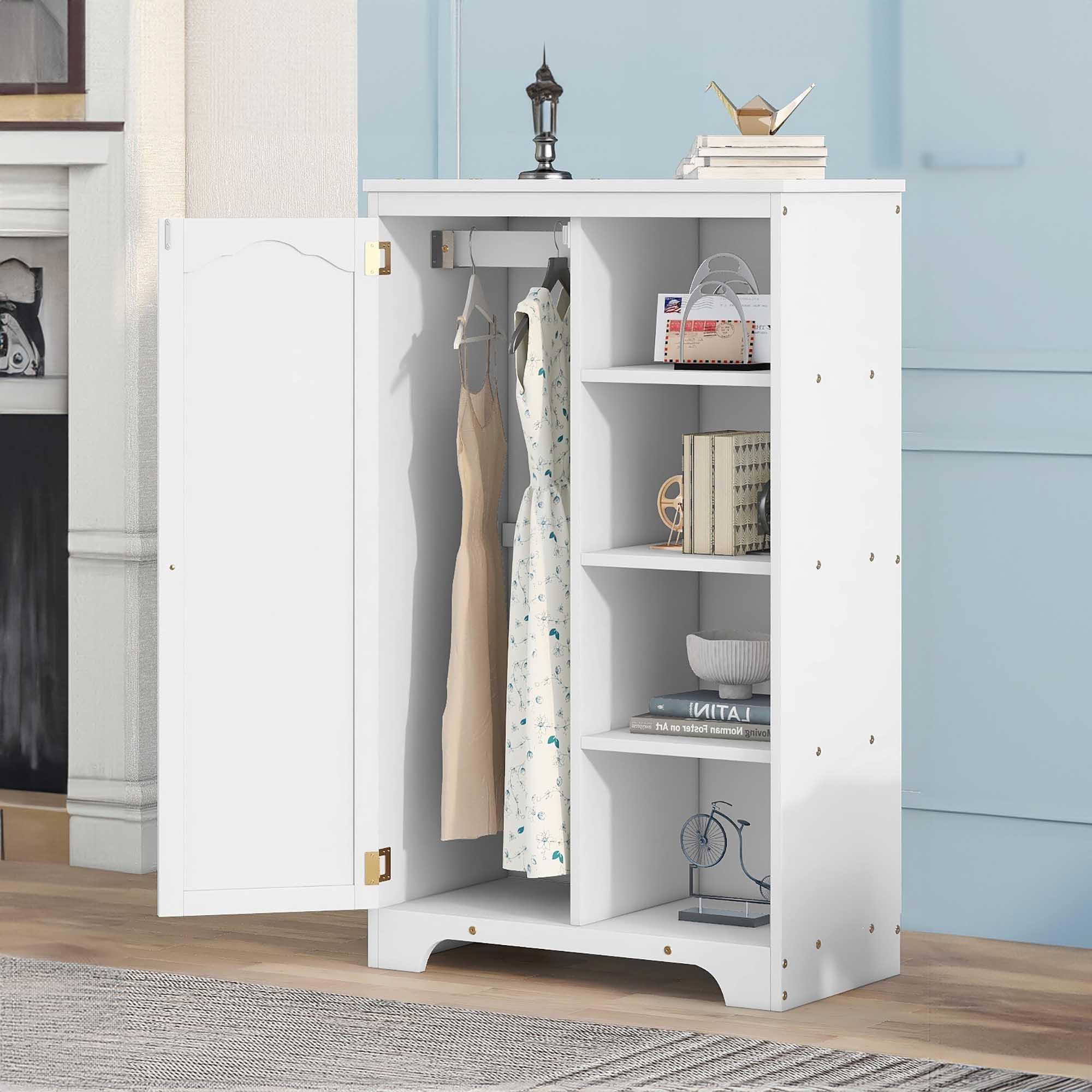 Modern Kids Wardrobe Closet with Hanging Rod & 4 Shelves - Freestanding Wood Storage Cabinet with Doors for Boys & Girls - Perfect for Bedroom, Nursery, or Playroom Organization (White)