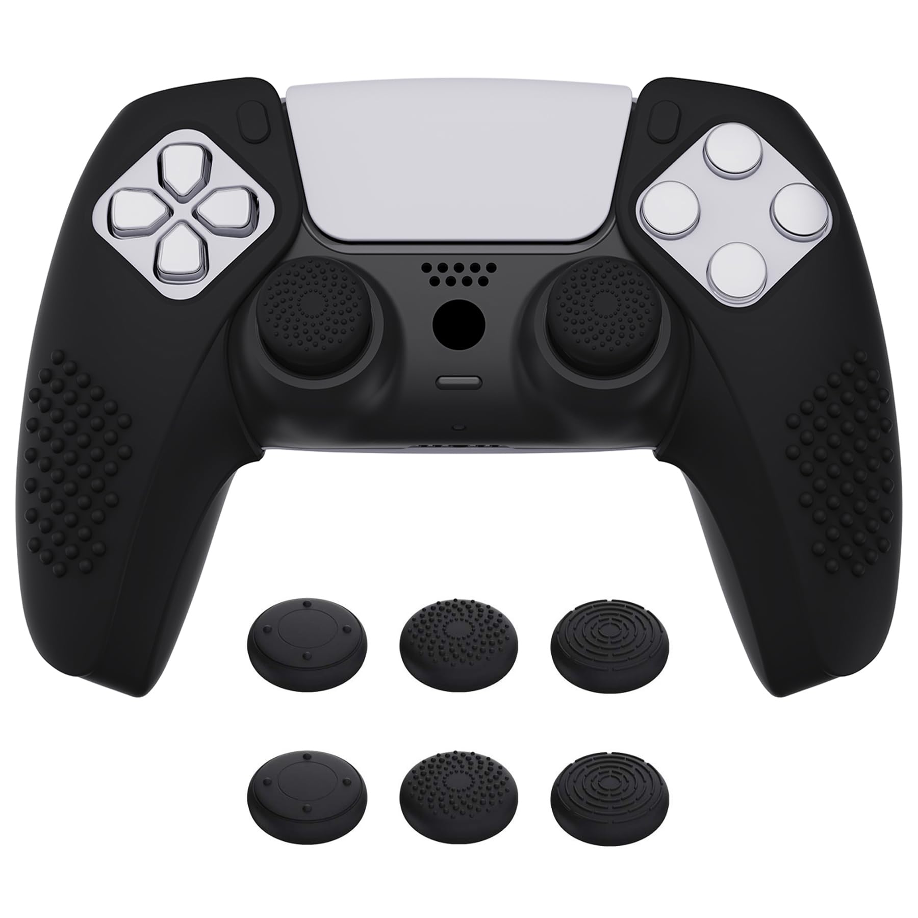 PlayVital PS5 Controller Cover Grip - Anti-Slip Protective Skin Case with 6 Thumb Grips (3D Textured) - Compatible with Charging Dock - Black - Perfect for Gaming, Streaming & Long Play Sessions