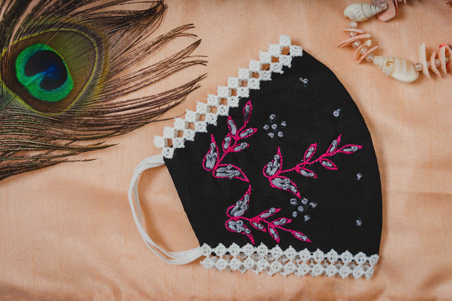 Black Cotton Lace Face Mask with Floral Embroidery - Breathable & Stylish for Daily Wear, Outdoor Activities & Fashion Protection
