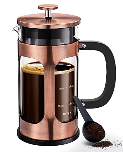 BAYKA French Press Coffee Maker - 34oz Glass & 304 Stainless Steel Coffee Press with Copper Finish | Heat-Resistant Borosilicate Pot for Hot & Cold Brew | Perfect for Home, Office, Camping & Travel Gifts