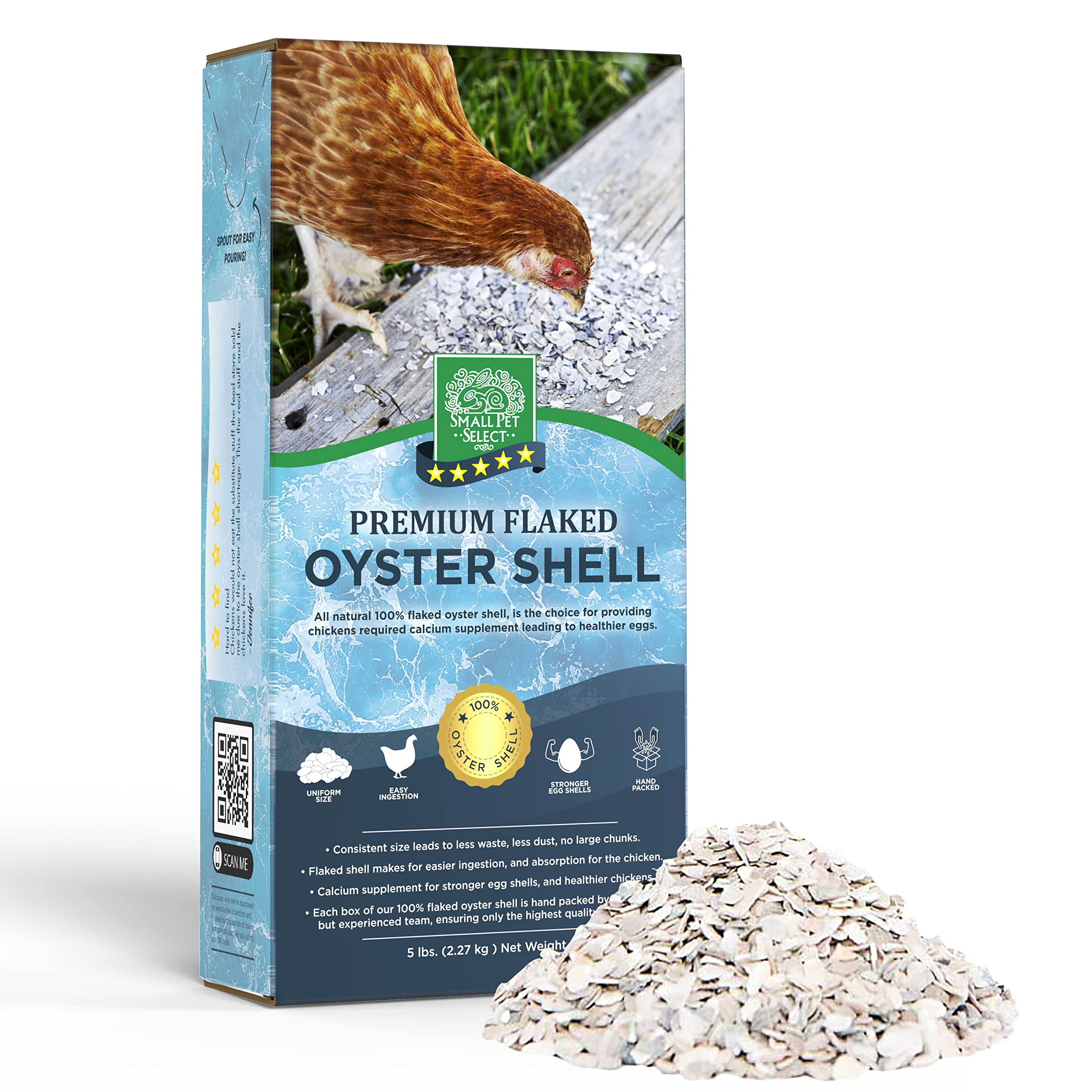Small Pet Select 100% Flaked Oyster Shell - Calcium Supplement for Chickens & Ducks (5lb) - Poultry Health Boost