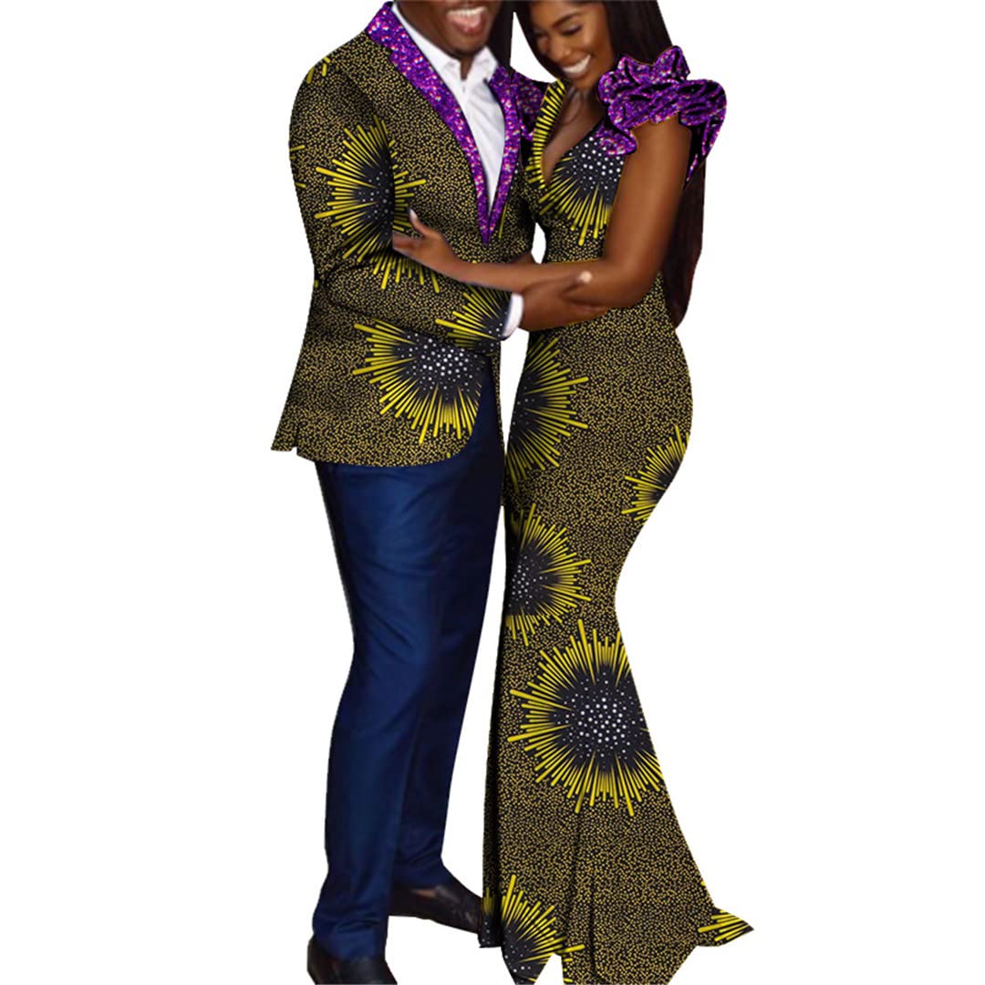 Stylish Dashiki African Couple Outfits for Lovers - Matching Mentops, Pants & Women's Dresses in Vibrant African Prints (Size 17 XXXL) - Perfect for Weddings, Cultural Events and Romantic Getaways