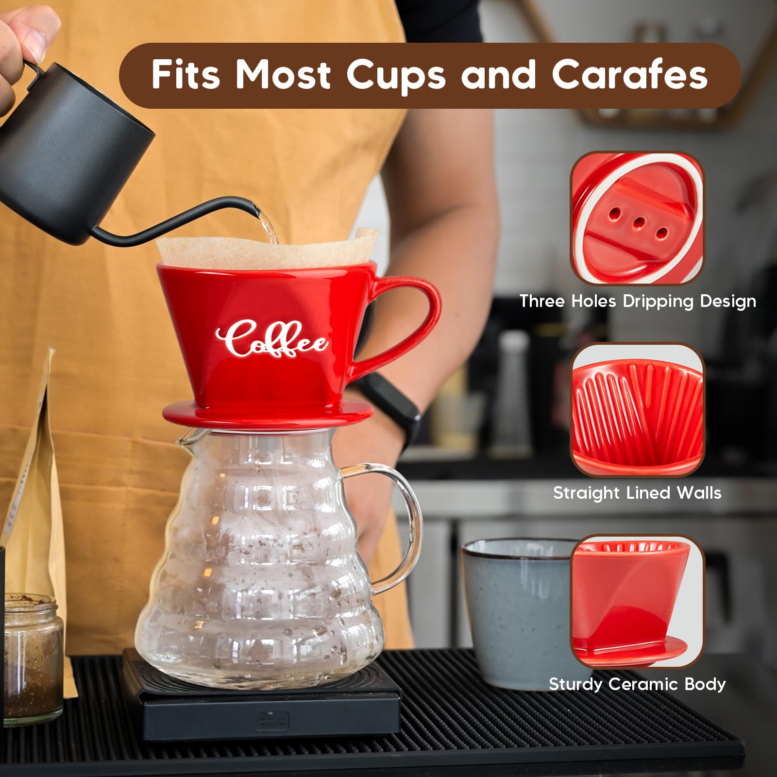 Premium Ceramic Pour Over Coffee Maker - Manual Slow Brew Dripper for Single Cup Coffee, Ideal for Home, Cafe & Coffee Bar - Stylish Red Kitchen Decor & Accessories
