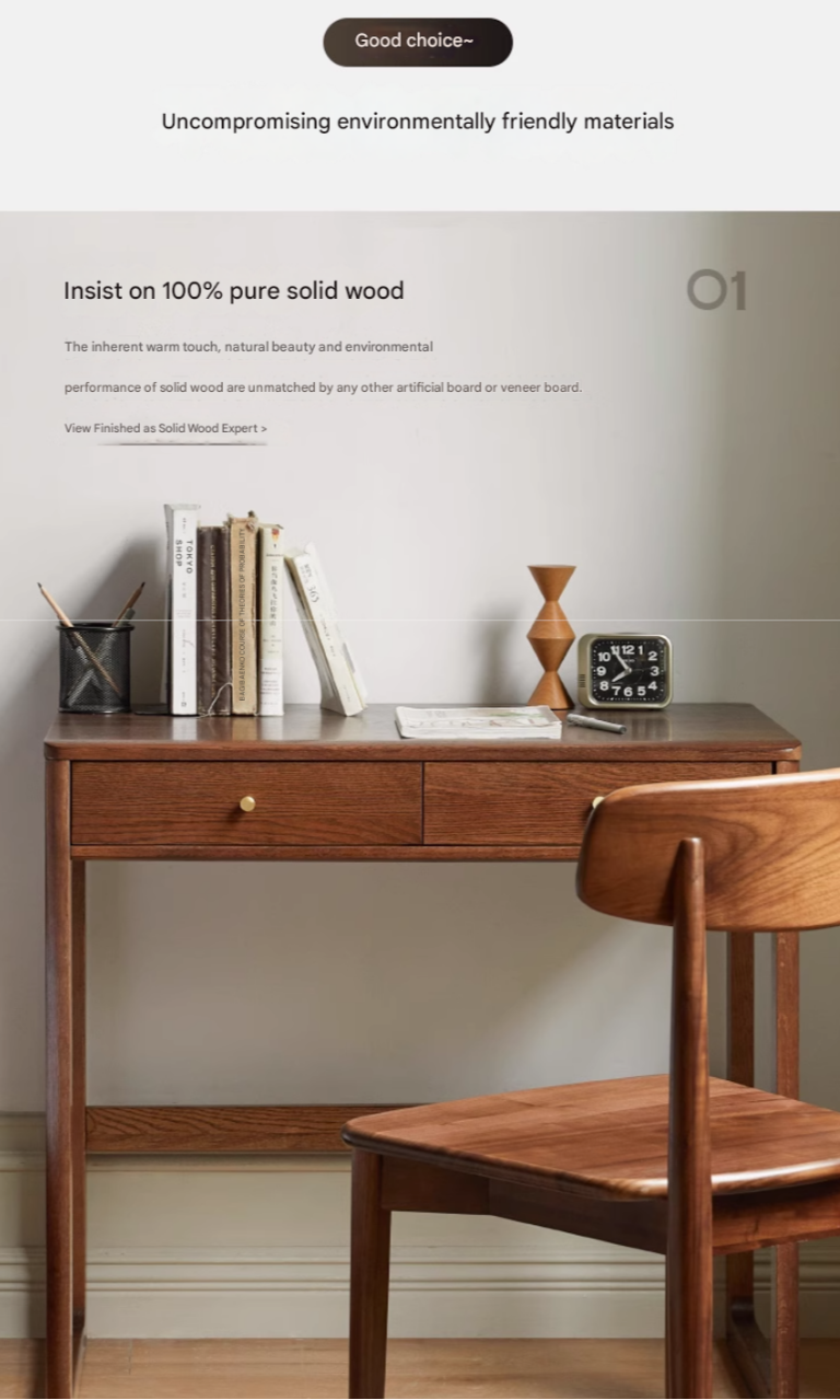 Solid Oak Wood Small Office Desk - Walnut Finish for Home & Workspace - Compact Writing Desk for Study, Dorm, or Apartment