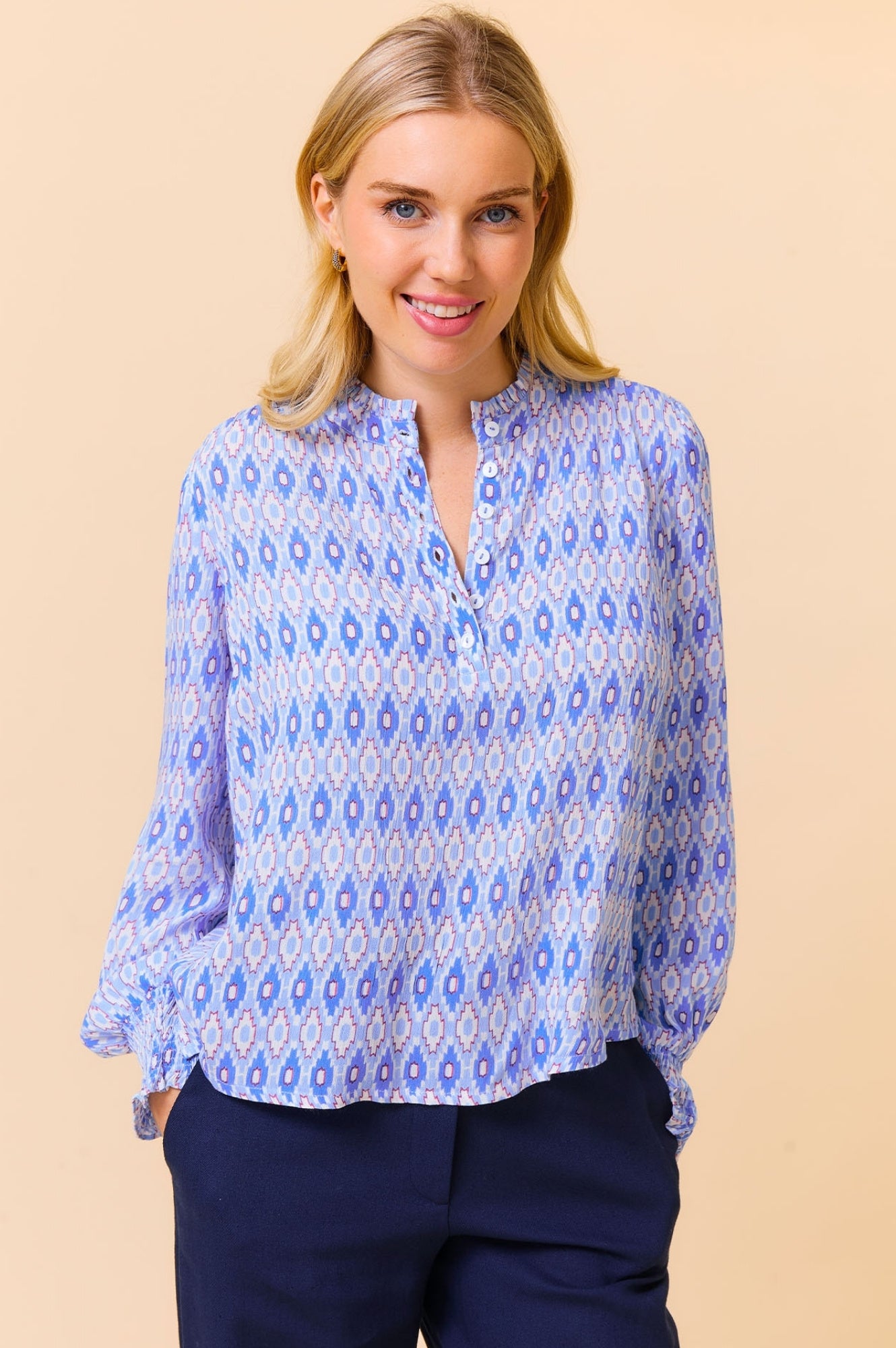 Kaia Blouse Women's Aztec Print Light Blue and Red Floral Boho Top - Perfect for Casual Wear, Festivals, and Vacation Outfits