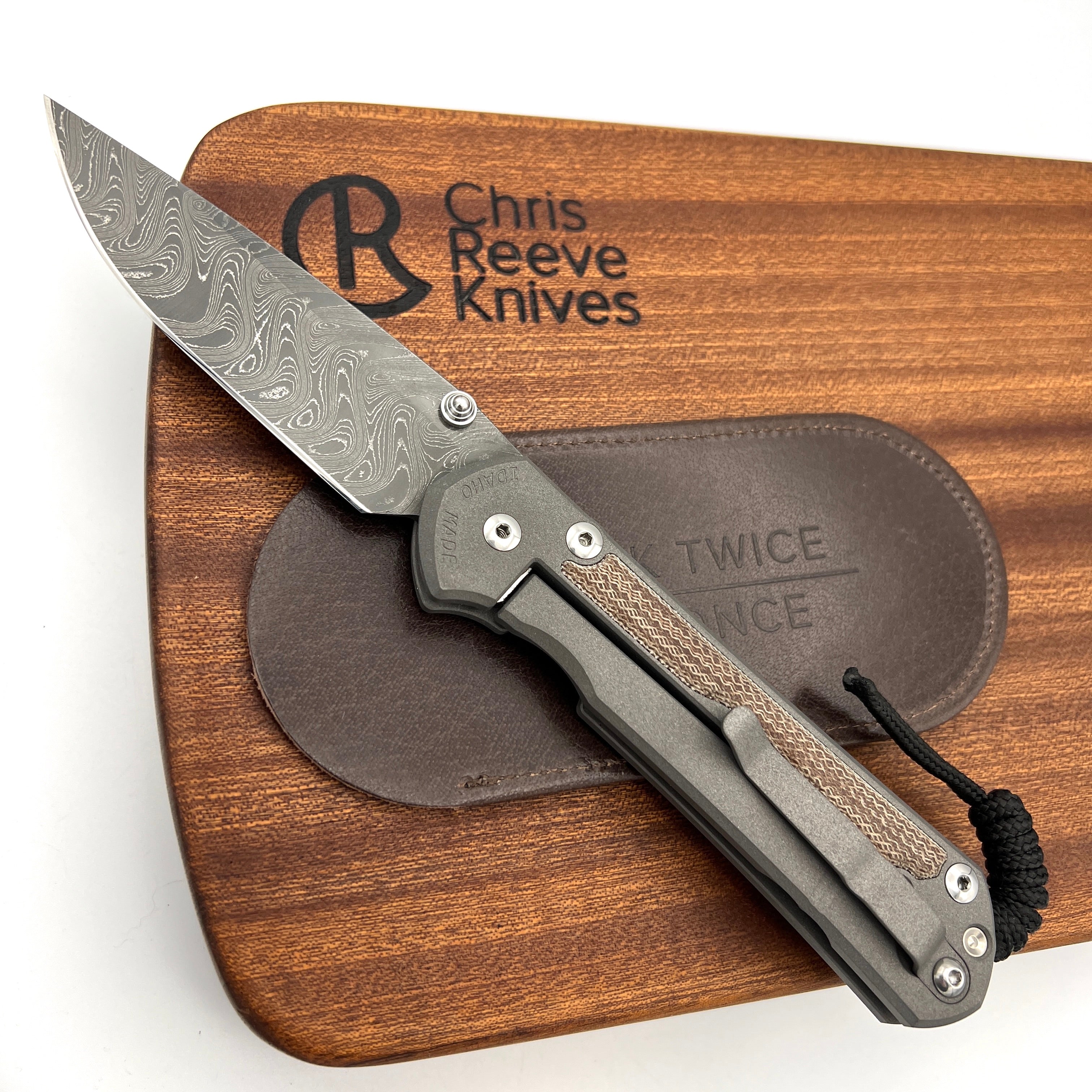 Chris Reeve Knives Large Sebenza 31 Drop Point Folding Knife - Boomerang Damascus Blade, Left-Hand Natural Canvas Micarta Inlay & Double Silver Lug - Perfect for Outdoor Camping, Hunting, and EDC Collection