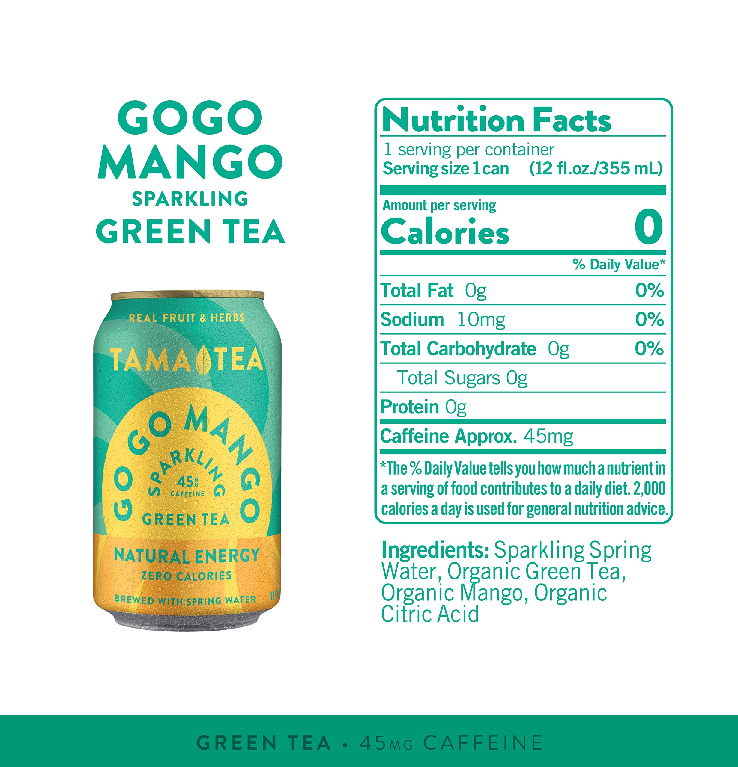 Tama Tea Sparkling Mango Green Tea - 12 Pack | Real Fruit & Herbs, Zero Sugar, Zero Calories, Non-GMO | Antioxidant-Rich, Naturally Energizing with Nootropics | Perfect for Workouts, Office & Healthy Lifestyle