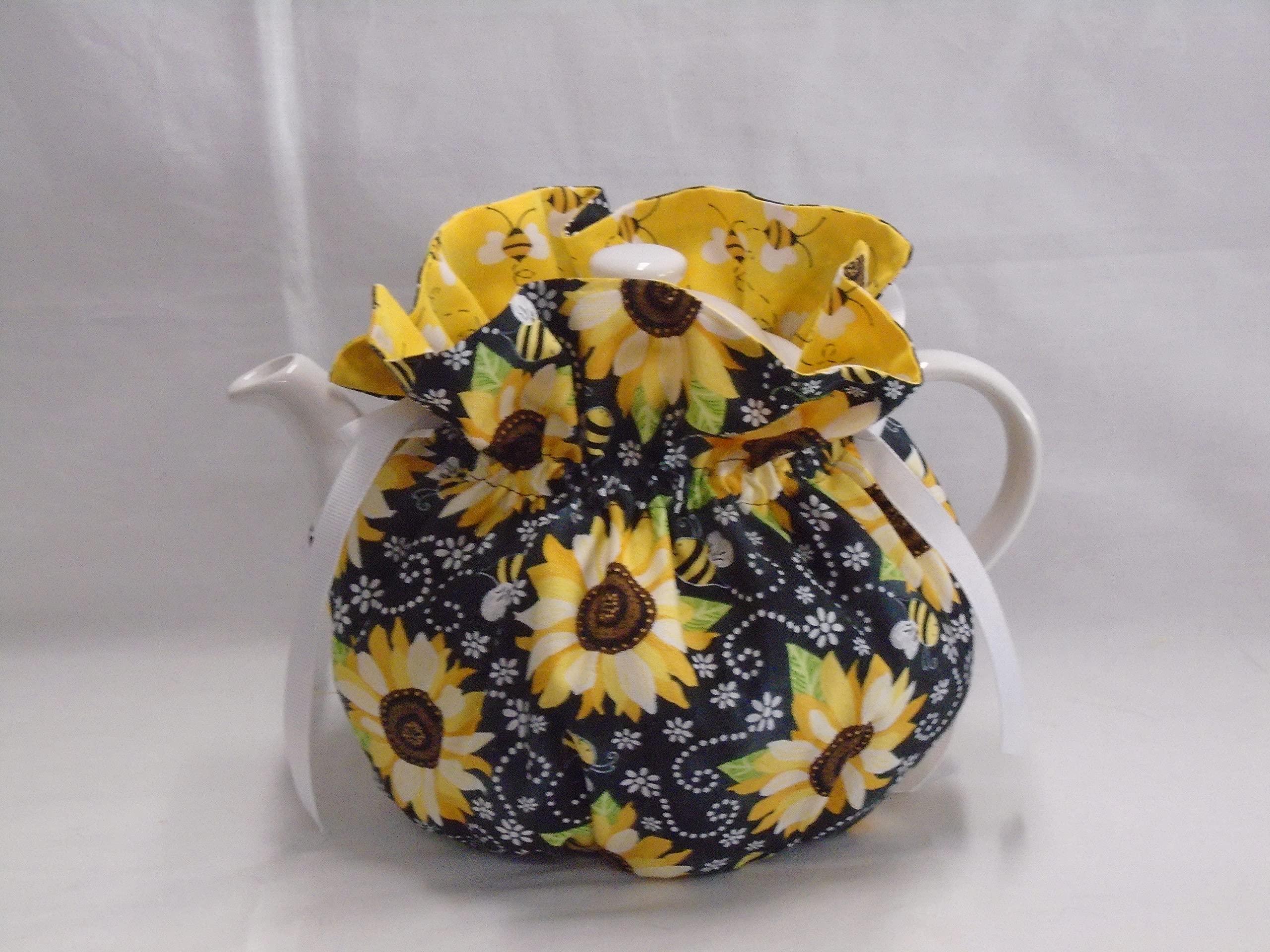 Black Reversible 6-Cup Tea Pot Cozy with Sunflowers & Bees Design - Perfect for Tea Parties & Cozy Kitchen Decor