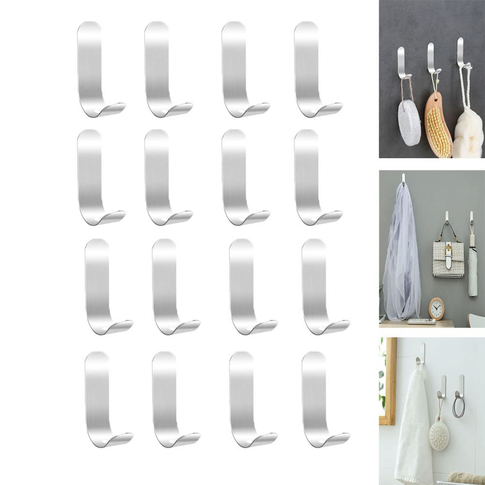 Heavy Duty Stainless Steel Adhesive Hooks - 16 Pack Silver Wall Hooks for Kitchen, Bathroom & Home Organization - Strong Adhesive for Hanging Coats, Jackets, Bags, Towels, Party Lights & More - Perfect for Home, Office & Dorm Room Storage Solutions