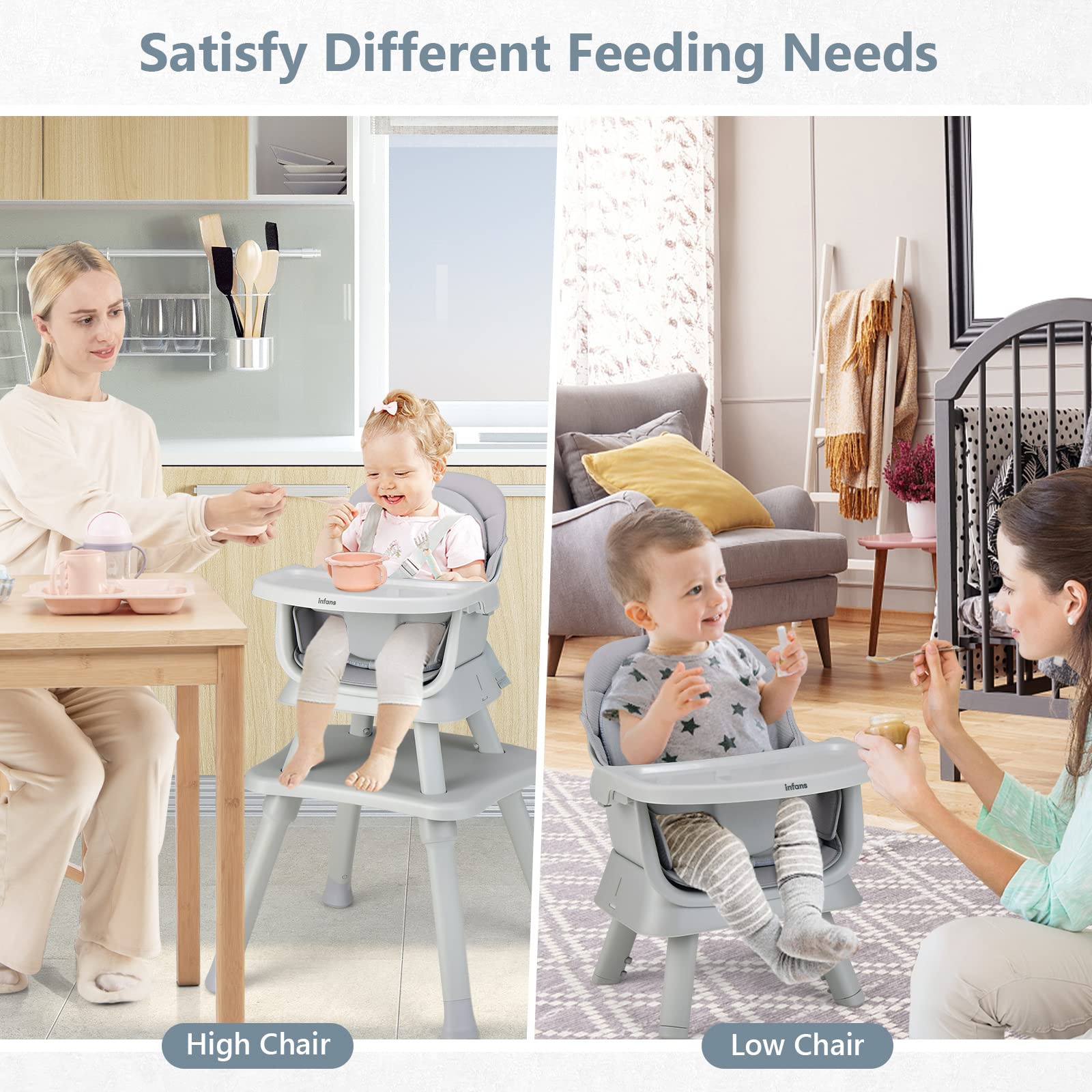 INFANS 8-in-1 Convertible Baby High Chair & Toddler Booster Seat with Removable Tray - Multifunctional Dining, Play & Learning Table for Infants - Perfect for Mealtime, Playtime & Building Blocks Activities