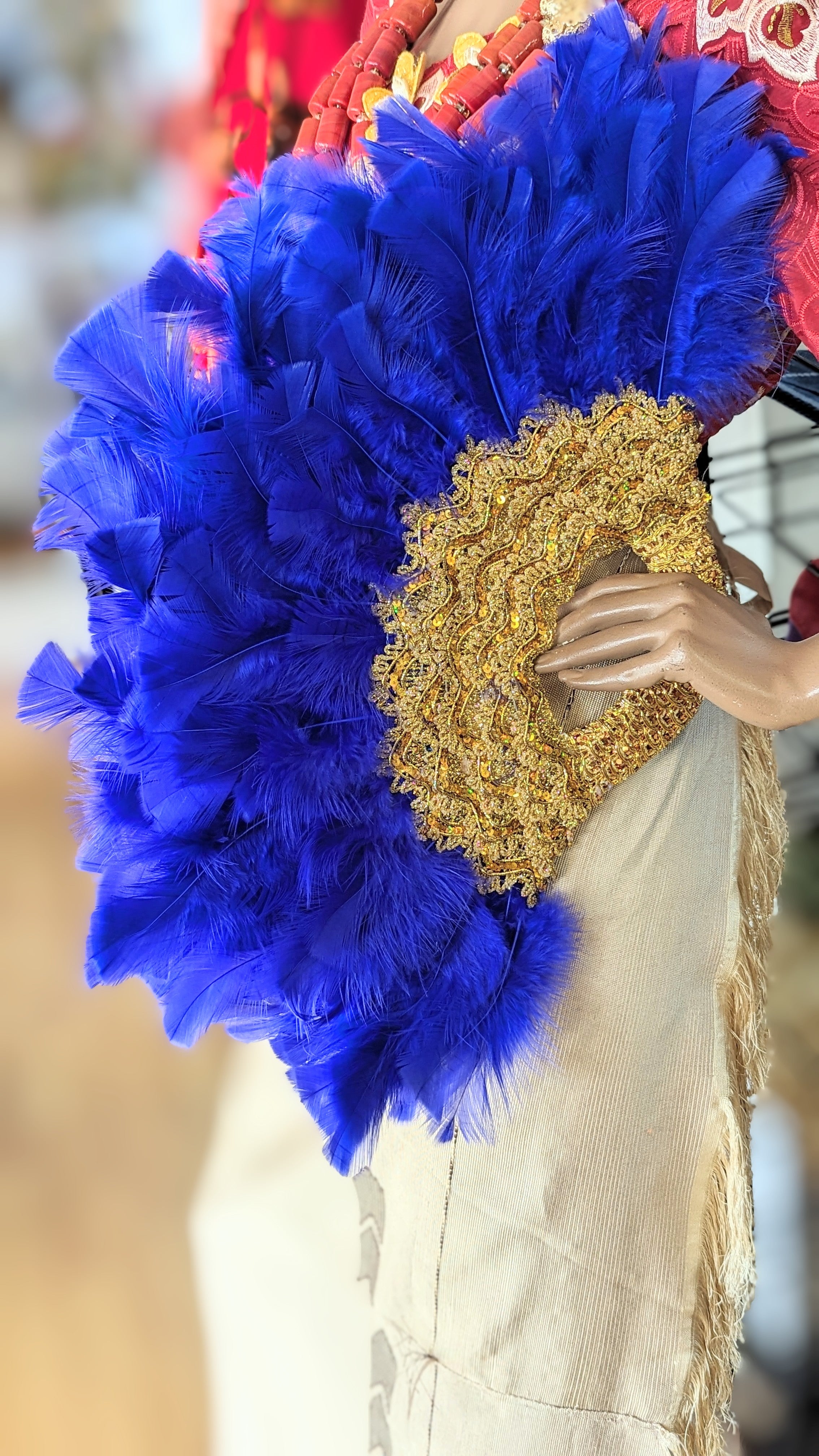 Royal Blue Nigerian African Feather Fan - Handmade Traditional Yoruba Aso Oke Fan for Weddings, Parties & Cultural Events - Dupisie's AyoMide Royal Splendor Collection