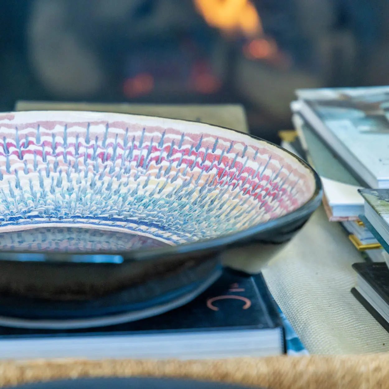 XL Stoneware Rainbow and Obsidian Decorative Serving Bowl - 36 Color Spectrum Series | Elegant Centerpiece for Dining Table, Party Decor & Gift Idea