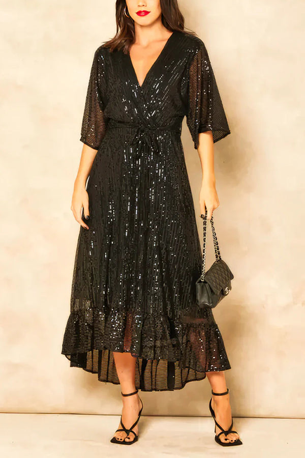 Elegant Solid Color Sequined V-Neck Waist Tie Loose Maxi Dress for Women - Perfect for Evening Parties, Weddings & Special Occasions