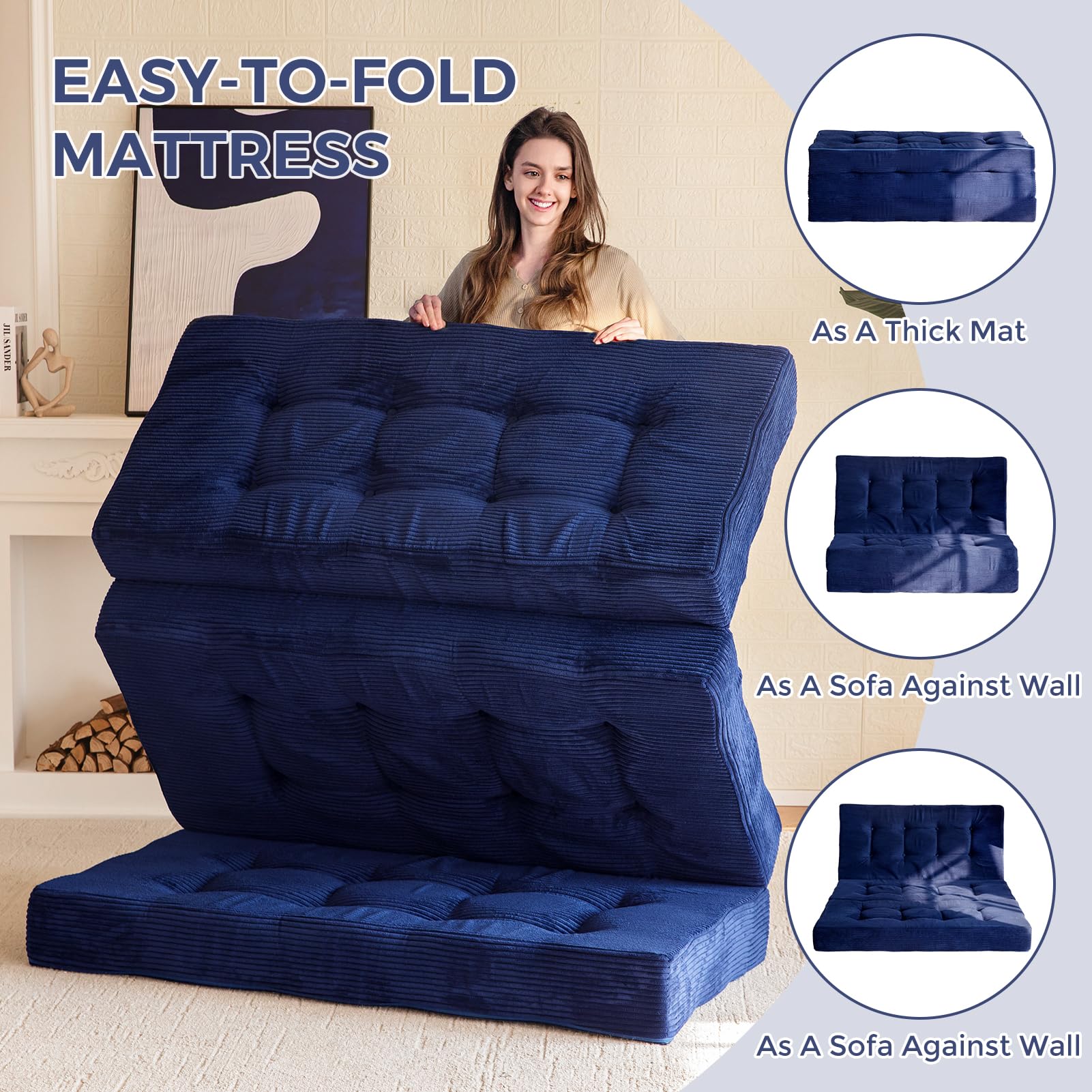 MAXYOYO 6 Inch Tri Fold Mattress - Tufted Full Foam Folding Bed with Corded Fabric in Navy Blue | Perfect for Guest Rooms, Camping & Small Spaces