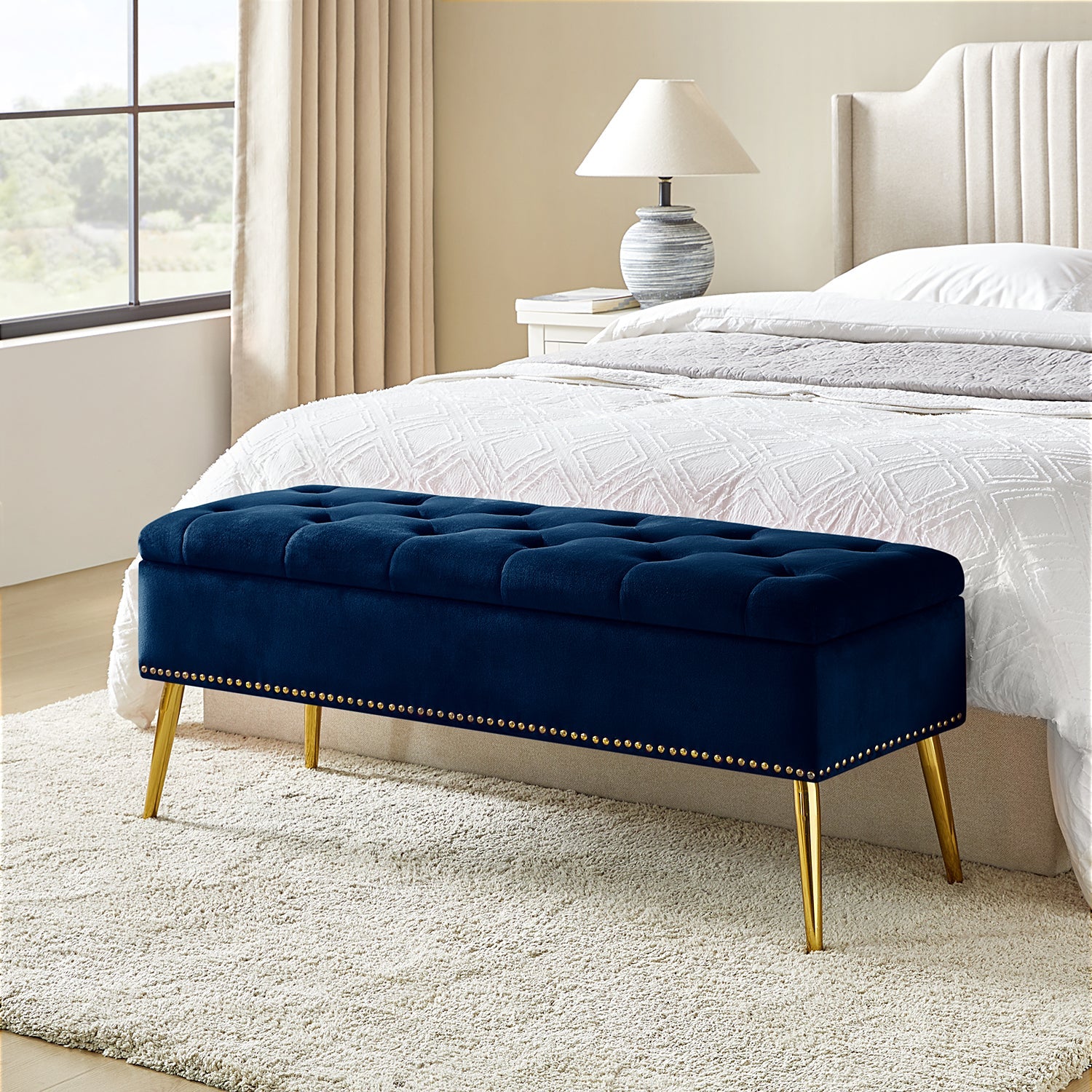 Lenore Upholstered Storage Bench with Cushion Seat - Modern Upholstered Ottoman for Bedroom, Living Room & Entryway - Multi-Functional Storage Furniture for Home Organization