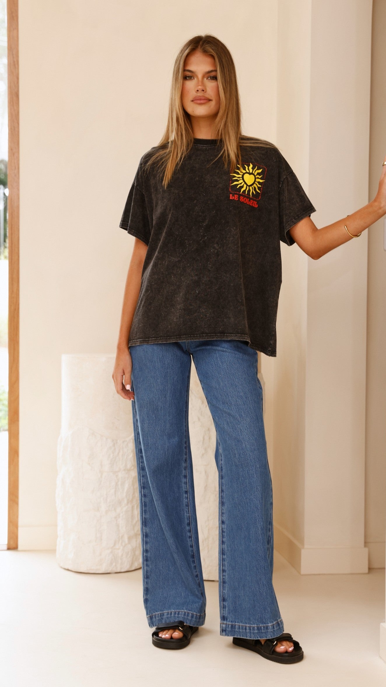 Le Soleil Acid Wash Black T-Shirt for Men & Women | Vintage Distressed Cotton Tee | Casual Streetwear & Everyday Outfit