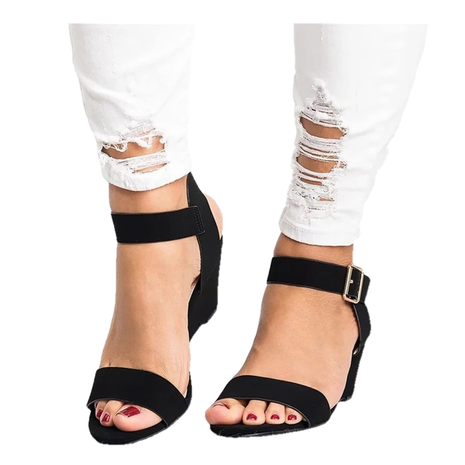 Women's Wedge Sandals - Open Toe Dressy Summer Platform Sandals with Buckle Ankle Strap for Beach, Party & Casual Wear