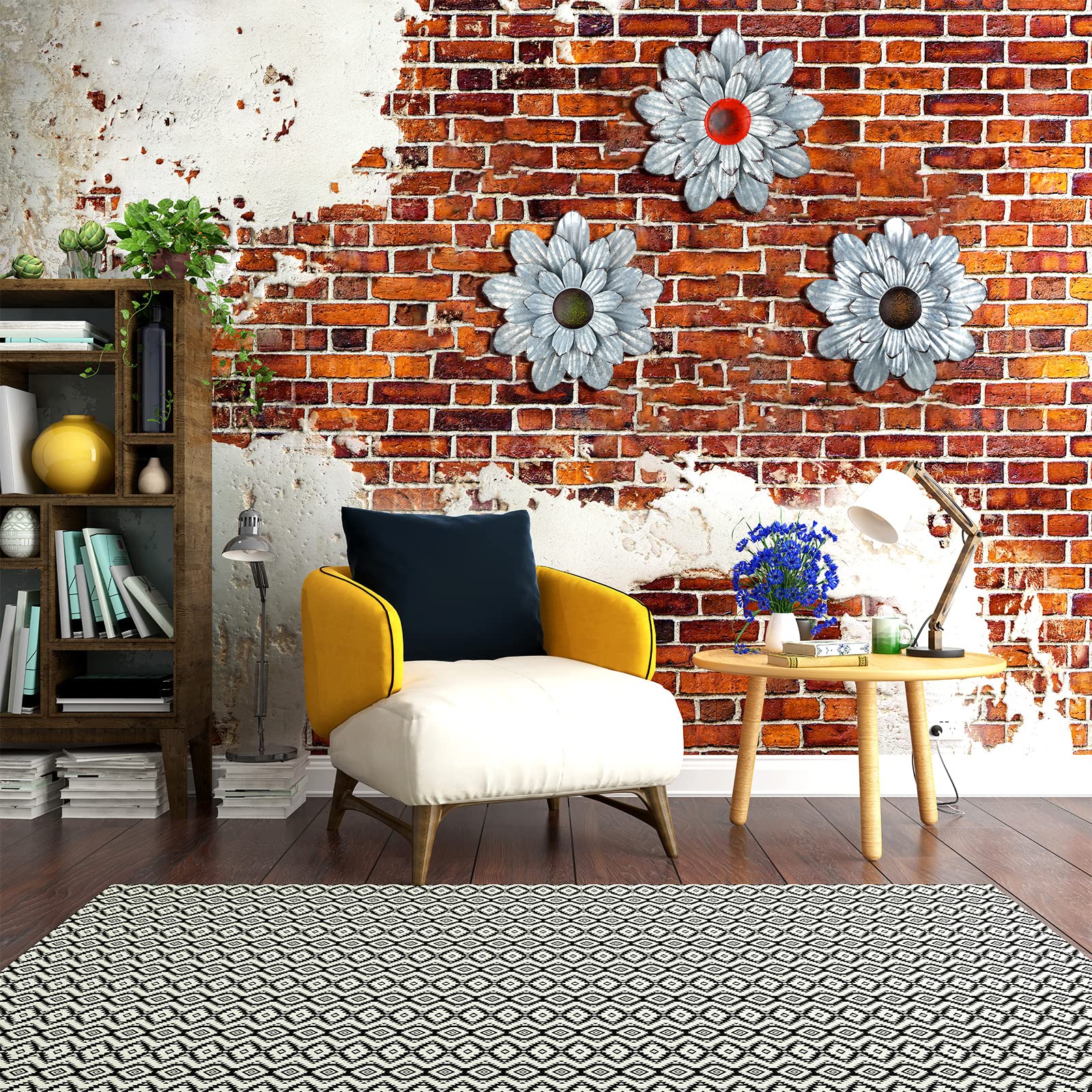 3 Pcs Metal Flower Wall Art - Rustic Farmhouse Decor for Bedroom, Living Room & Bathroom