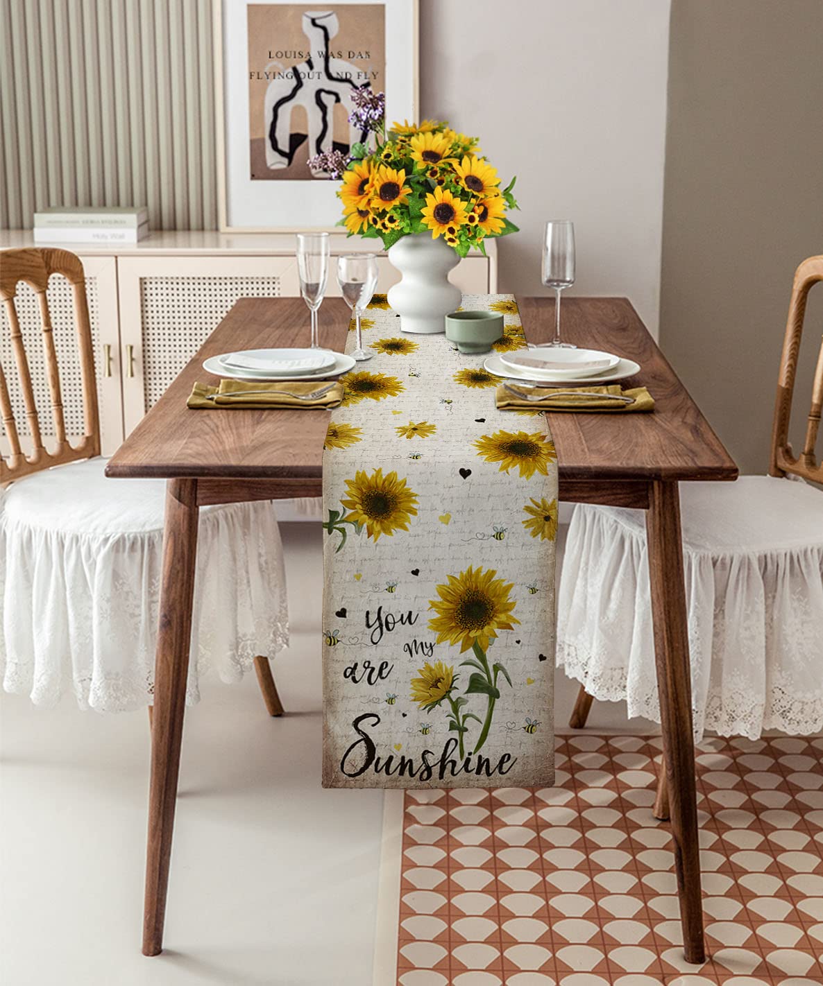 Sunflower Bees Cotton Linen Table Runner - 13x72 Inch Rustic Farmhouse Decor for Dining Table & Kitchen | Indoor Outdoor Home Decoration | Perfect for Weddings, Parties & Everyday Use