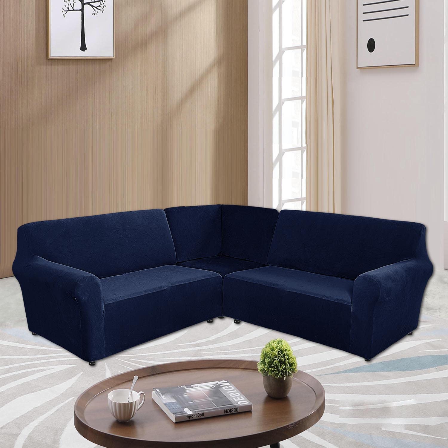 MIFXIN 5 Seat L-Shaped Sectional Couch Slipcovers - 3 Piece Velvet Stretch Sofa Cover Set, Soft Washable Furniture Protector for 5-Seater Corner Sofas (Navy Blue) - Perfect for Living Room, Family Room & Home Theater Seating Protection