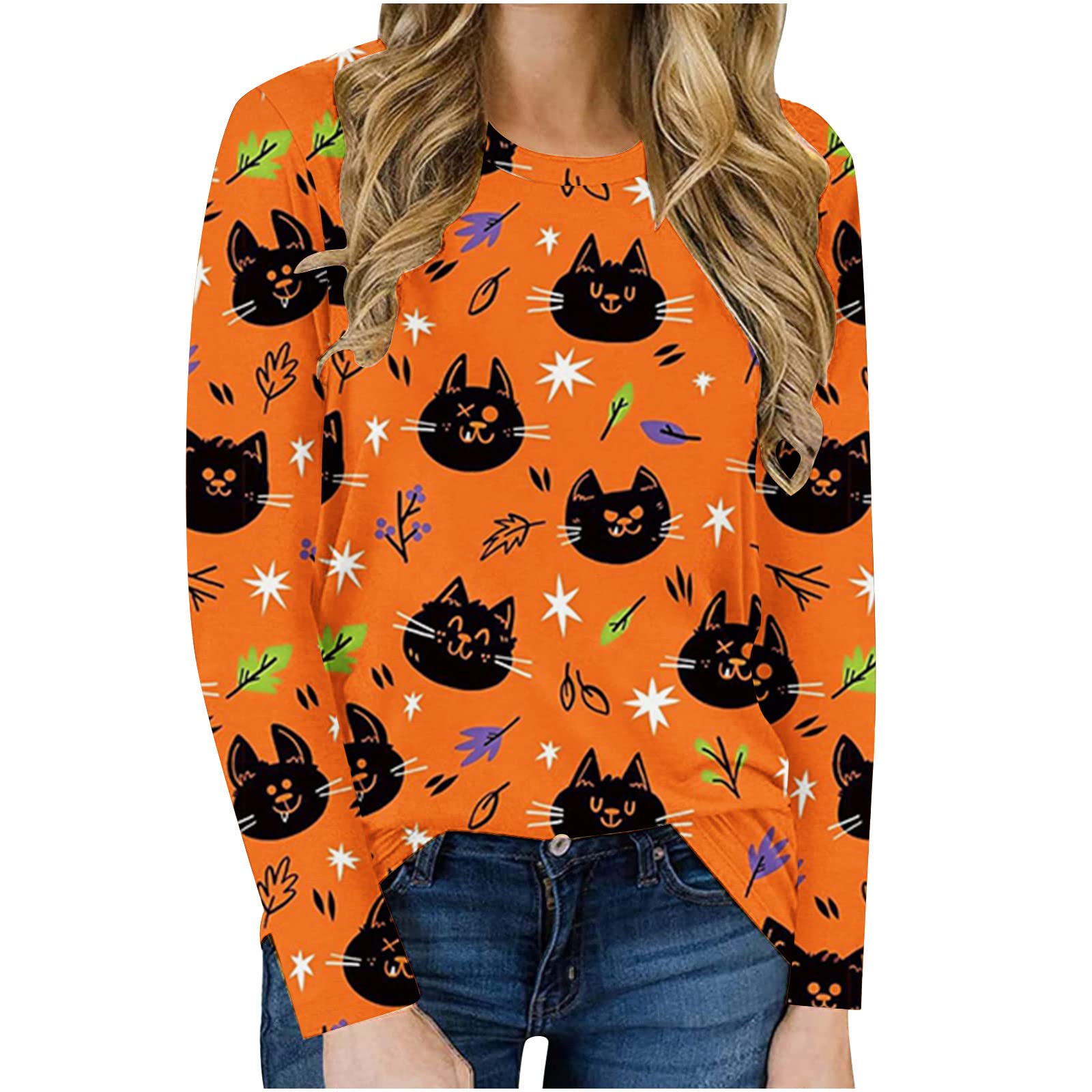 Halloween Sweaters for Women - Oversized Bat Graphic Long Sleeve Crewneck T-Shirt | Vintage Festival Halloween Costume | Perfect for Halloween Parties, Trick or Treating & Spooky Season Outfits