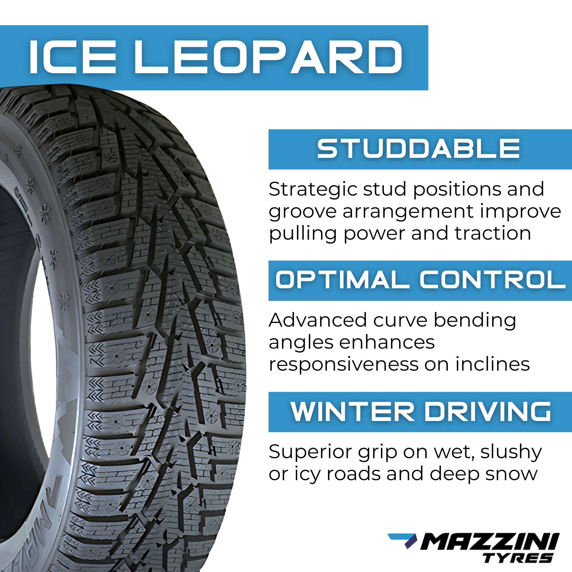 Mazzini Ice Leopard 185/65R14 XL 90T Winter Tires - 2 Pack Set for Snow & Ice Driving | All-Season Performance for Sedans & Compact Cars