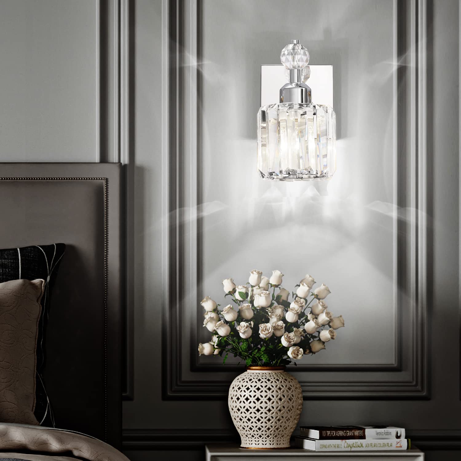 Modern Crystal Chrome Bathroom Vanity Light Fixture - 1-Light Over Mirror Wall Lamp for Bathroom Makeup & Grooming