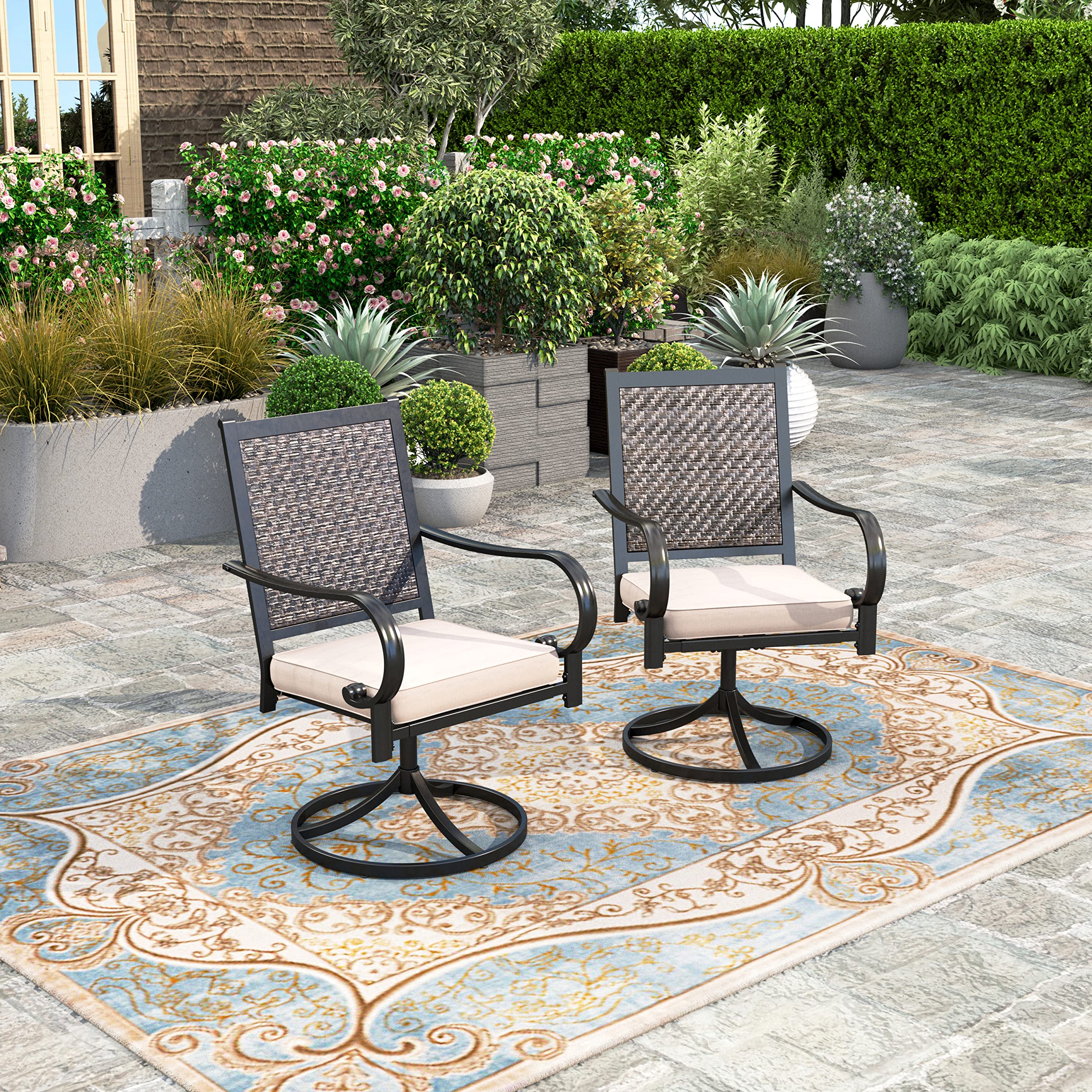HERA'S HOUSE 2-Piece Patio Dining Chairs Set - 360° Swivel Outdoor Wicker Chairs with Cushions, Rattan Garden Chairs for Poolside, Lawn, Backyard & Patio - Perfect for Outdoor Dining, Lounging & Entertaining