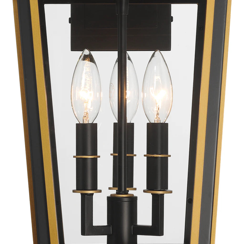 Stainless Steel & Glass Outdoor Wall Sconce - 3 Light Matte Black with Gold Finish, 9.5x19.5 Inches, 120V E12 Candelabra Base LED Compatible - Perfect for Patio, Garden, Porch, and Exterior Wall Lighting