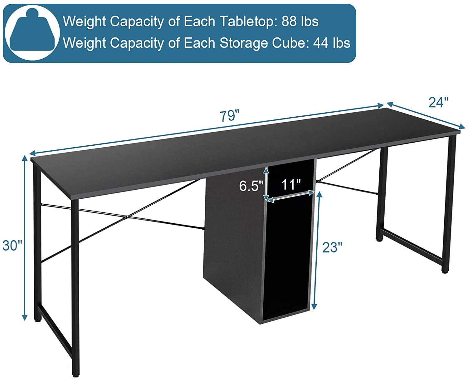 2-Person Computer Desk with Storage | Large Home Office Writing Table | Adjustable Foot Pads & Stable Gaming Workstation | Easy to Clean Black Study Desk for Home Office, Gaming & Remote Work