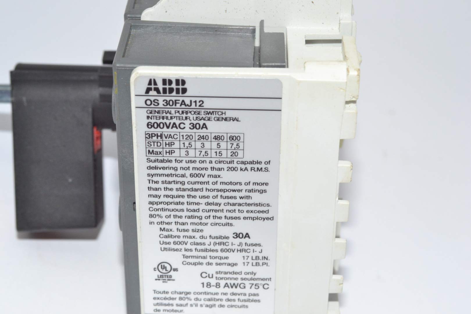ABB OS30FAJ12 600VAC 30A 3-Pole Disconnect Switch for Industrial Electrical Panels & Motor Control - Heavy Duty Safety Switch for HVAC, Pumps & Machinery